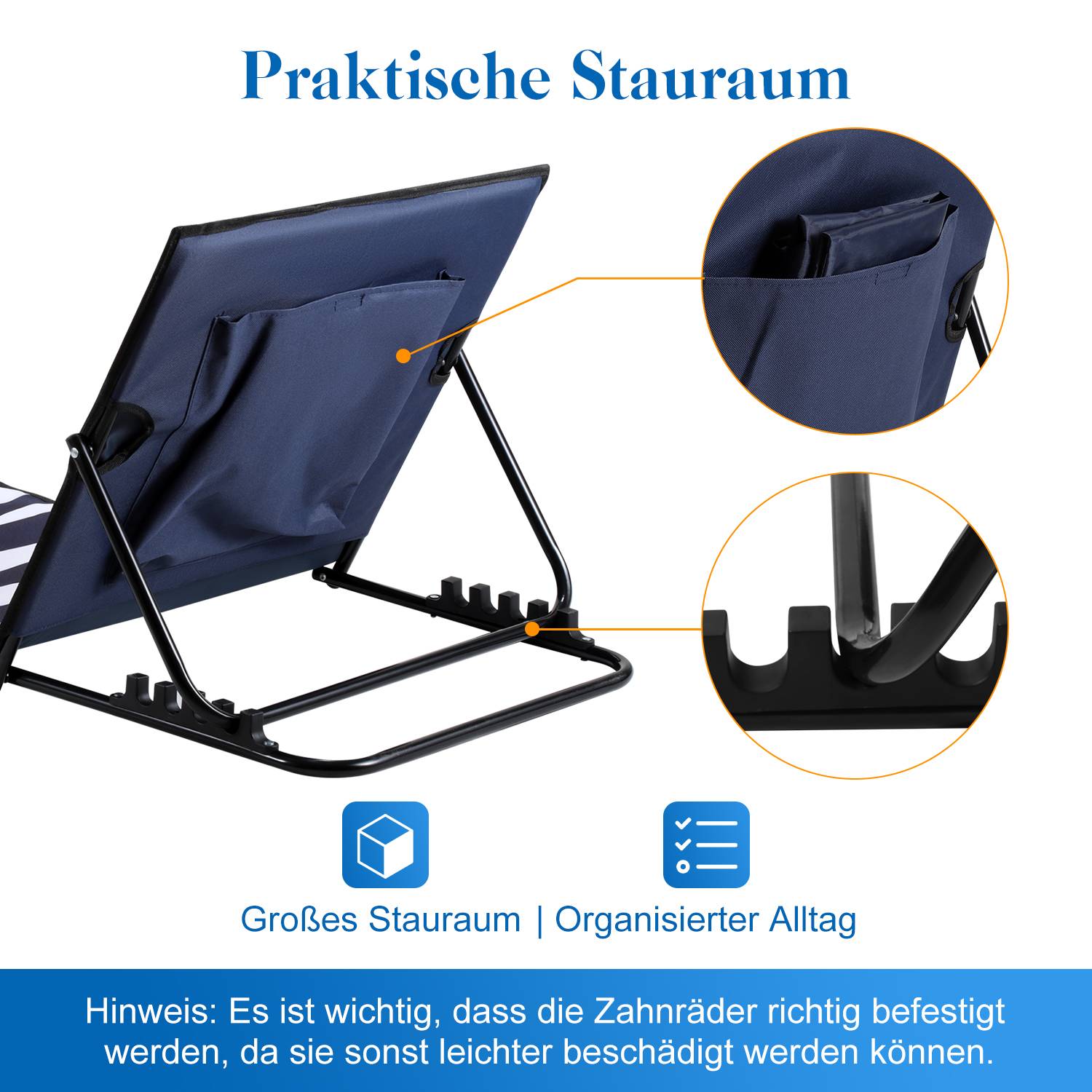 Strandmatte mit Tragegurt mit Kopflehne Kopstütze Verstellbarer Rückenlehne 600D Polyester Blau und weiB 1 Stucke 158cm x 55cm