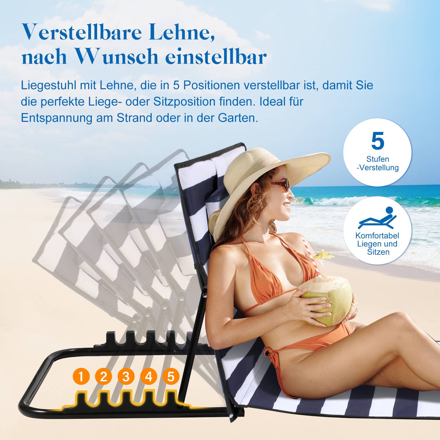Strandmatte mit Tragegurt mit Kopflehne Kopstütze Verstellbarer Rückenlehne 600D Polyester Blau und weiB 1 Stucke 158cm x 55cm