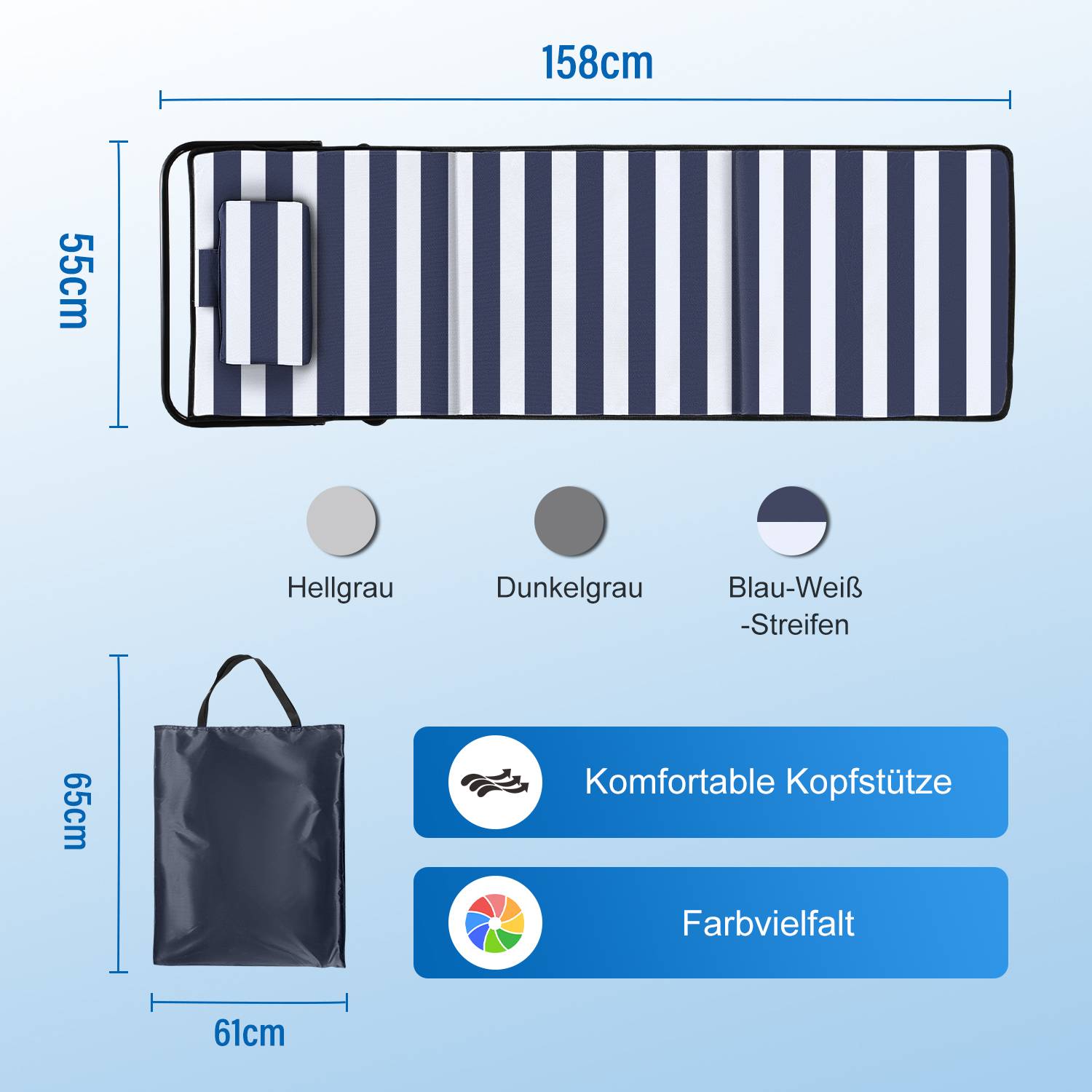 Strandmatte mit Tragegurt mit Kopflehne Kopstütze Verstellbarer Rückenlehne 600D Polyester Blau und weiB 1 Stucke 158cm x 55cm