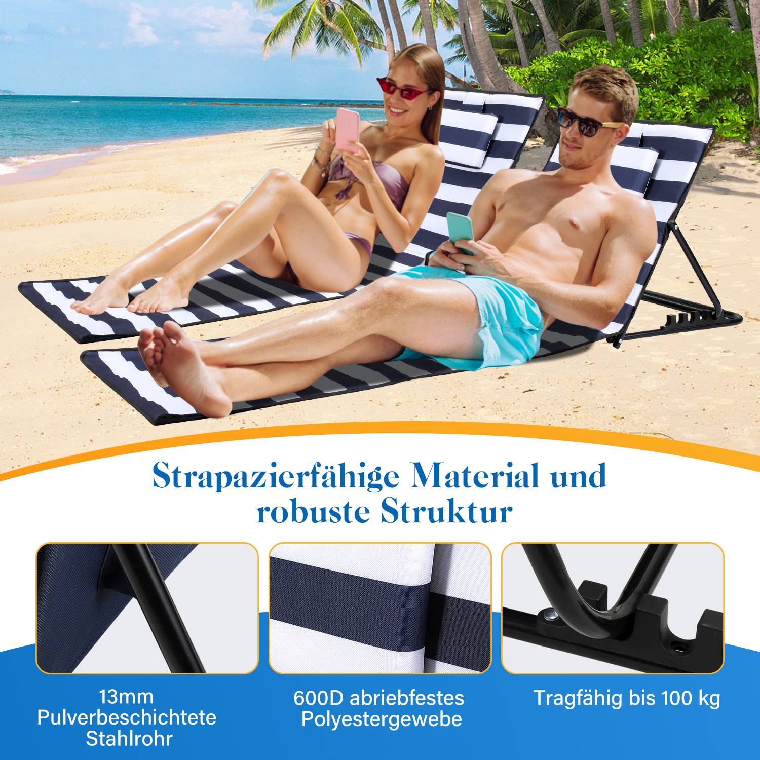 Strandmatte mit Tragegurt mit Kopflehne Kopstütze Verstellbarer Rückenlehne 600D Polyester Blau und weiB 1 Stucke 158cm x 55cm