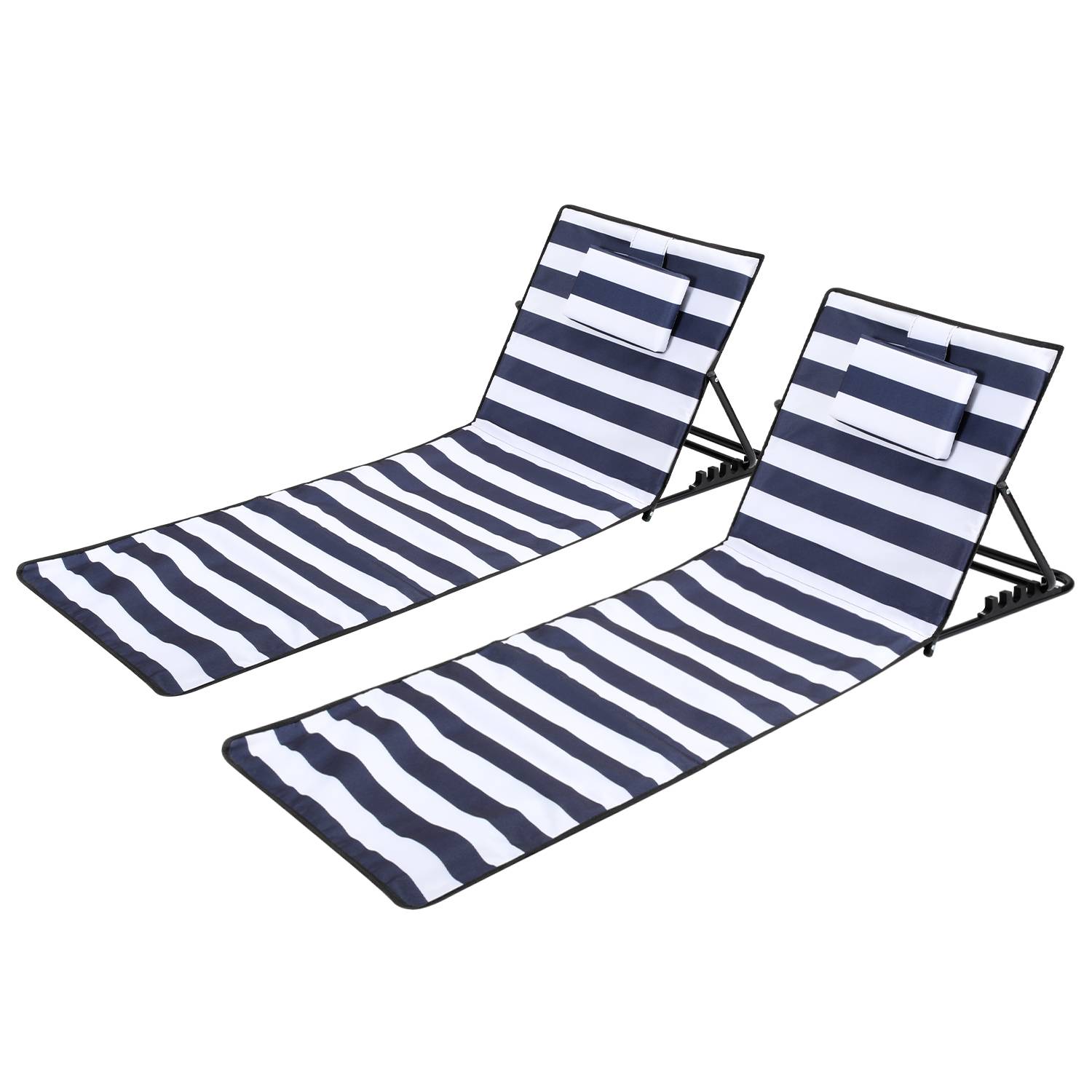 Strandmatte mit Tragegurt mit Kopflehne Kopstütze Verstellbarer Rückenlehne 600D Polyester Blau und weiB 2 Stucke 158cm x 55cm