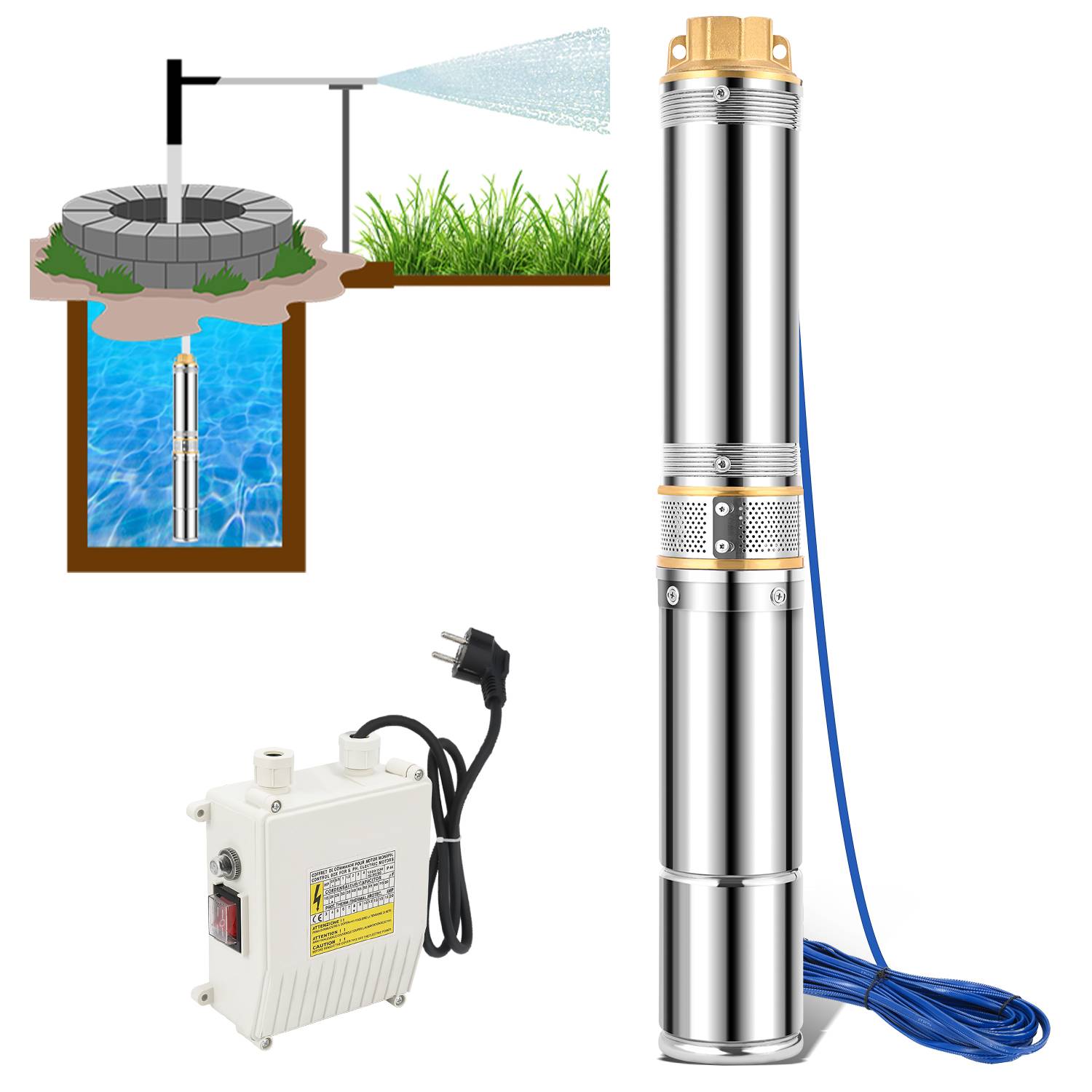 Tiefbrunnenpumpe 370W Brunnenpumpe 4000L/h Passend 4.7inch Edelstahl 20m Kabel