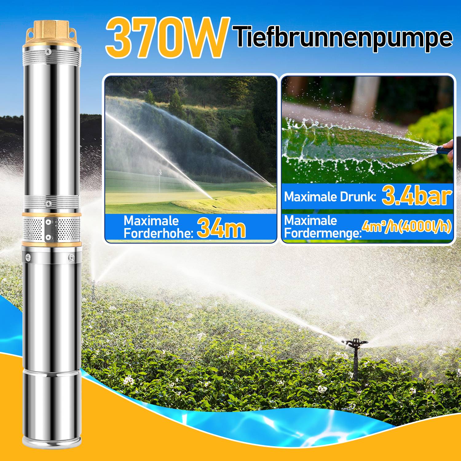 4.5 Zoll 370W Tiefbrunnenpumpe Brunnenpumpe 4000L/h Wasserpumpe Edelstahl Gartenpumpe Tauchpumpe Pumpe bis zu 34 m Förderhöhe 20m Kabel