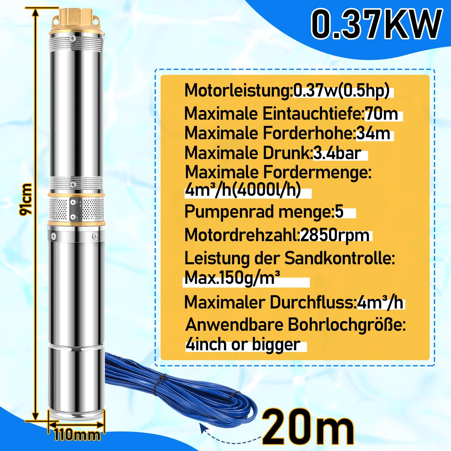 4.5 Zoll 370W Tiefbrunnenpumpe Brunnenpumpe 4000L/h Wasserpumpe Edelstahl Gartenpumpe Tauchpumpe Pumpe bis zu 34 m Förderhöhe 20m Kabel