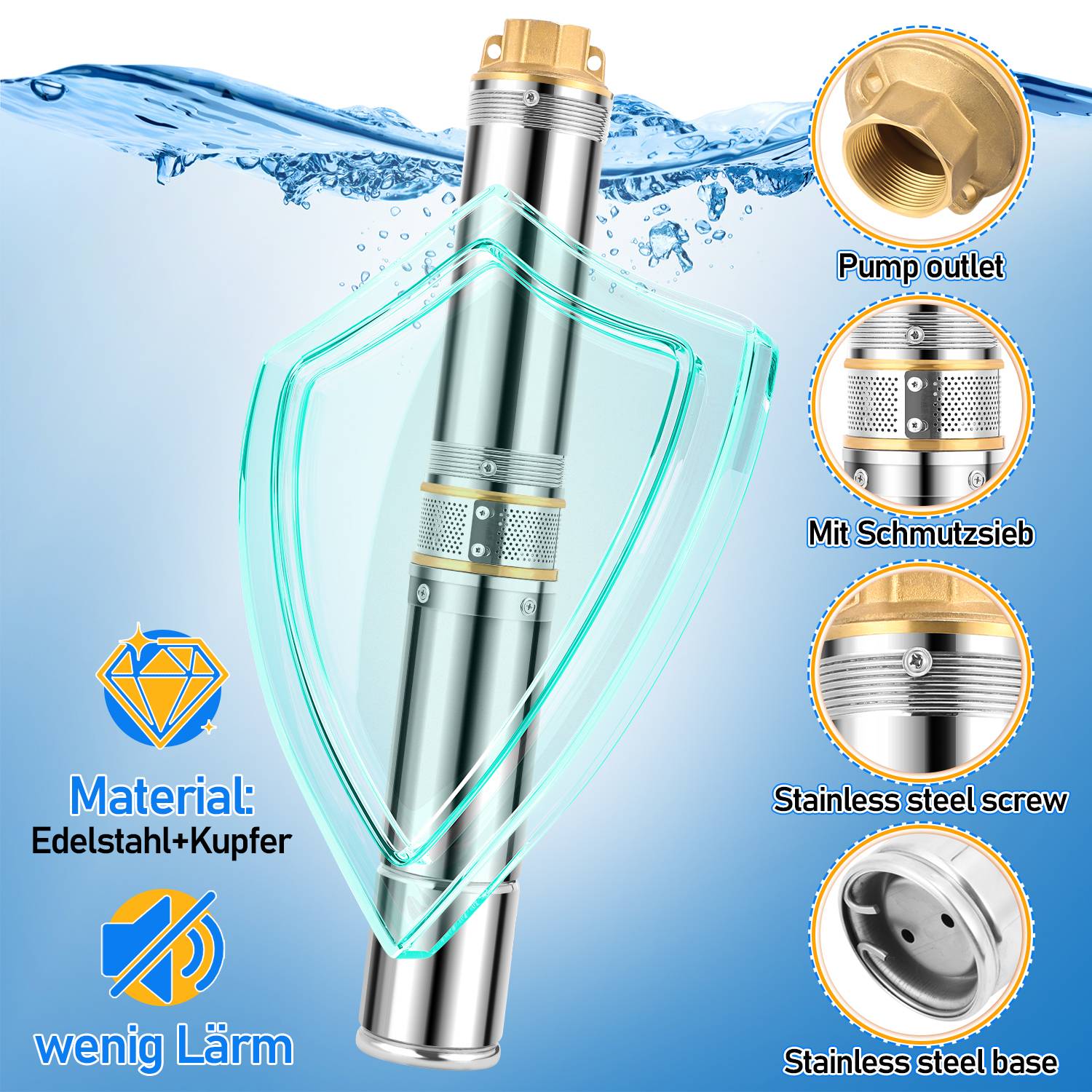 Tiefbrunnenpumpe 370W Brunnenpumpe 4000L/h Passend 4.7inch Edelstahl 20m Kabel