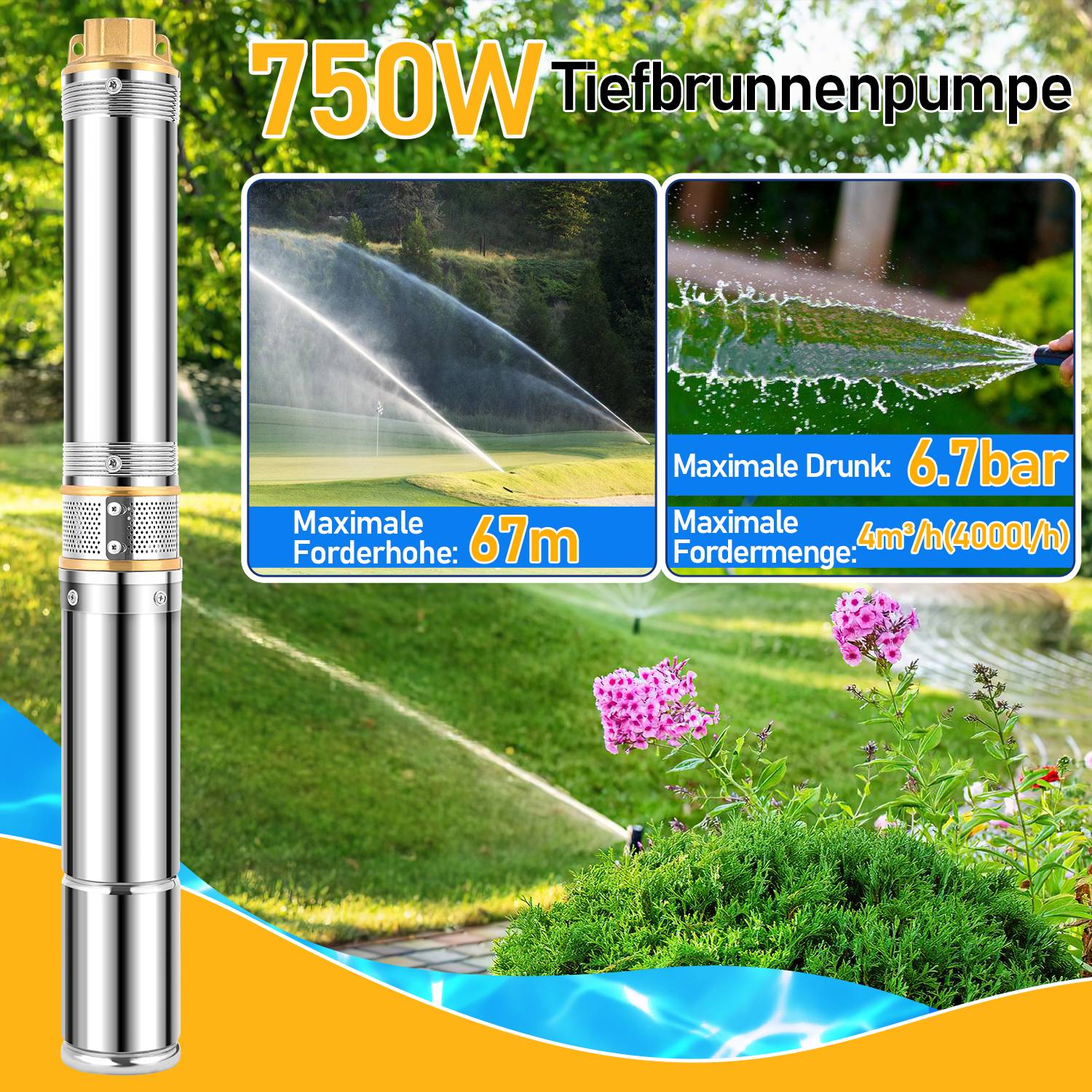 4.5 Zoll 750W Tiefbrunnenpumpe Brunnenpumpe 4000L/h Wasserpumpe Edelstahl Gartenpumpe Tauchpumpe Pumpe bis zu 67 m Förderhöhe 20m Kabel