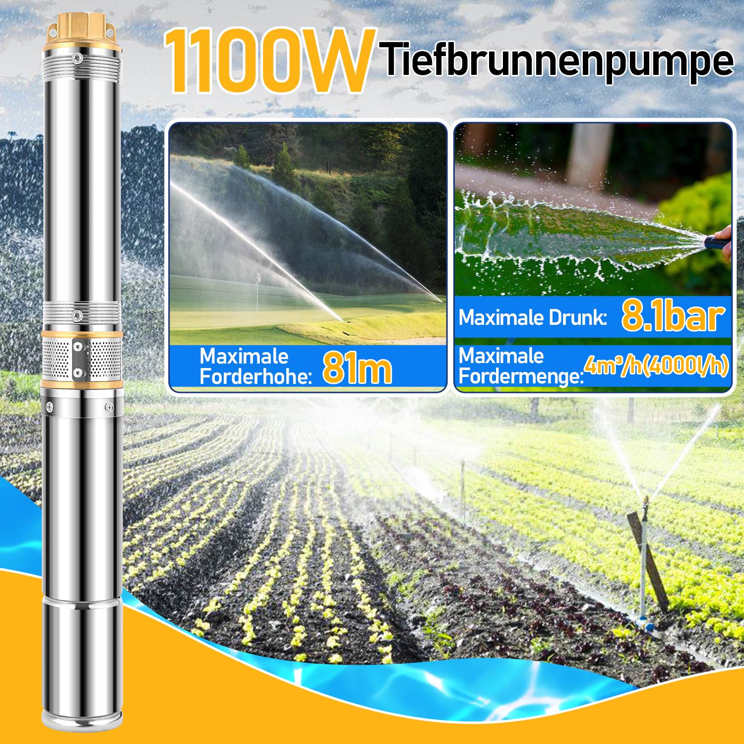 4.5 Zoll 1100W Tiefbrunnenpumpe Brunnenpumpe 4000L/h Wasserpumpe Edelstahl Gartenpumpe Tauchpumpe Pumpe bis zu 81 m Förderhöhe 20m Kabel
