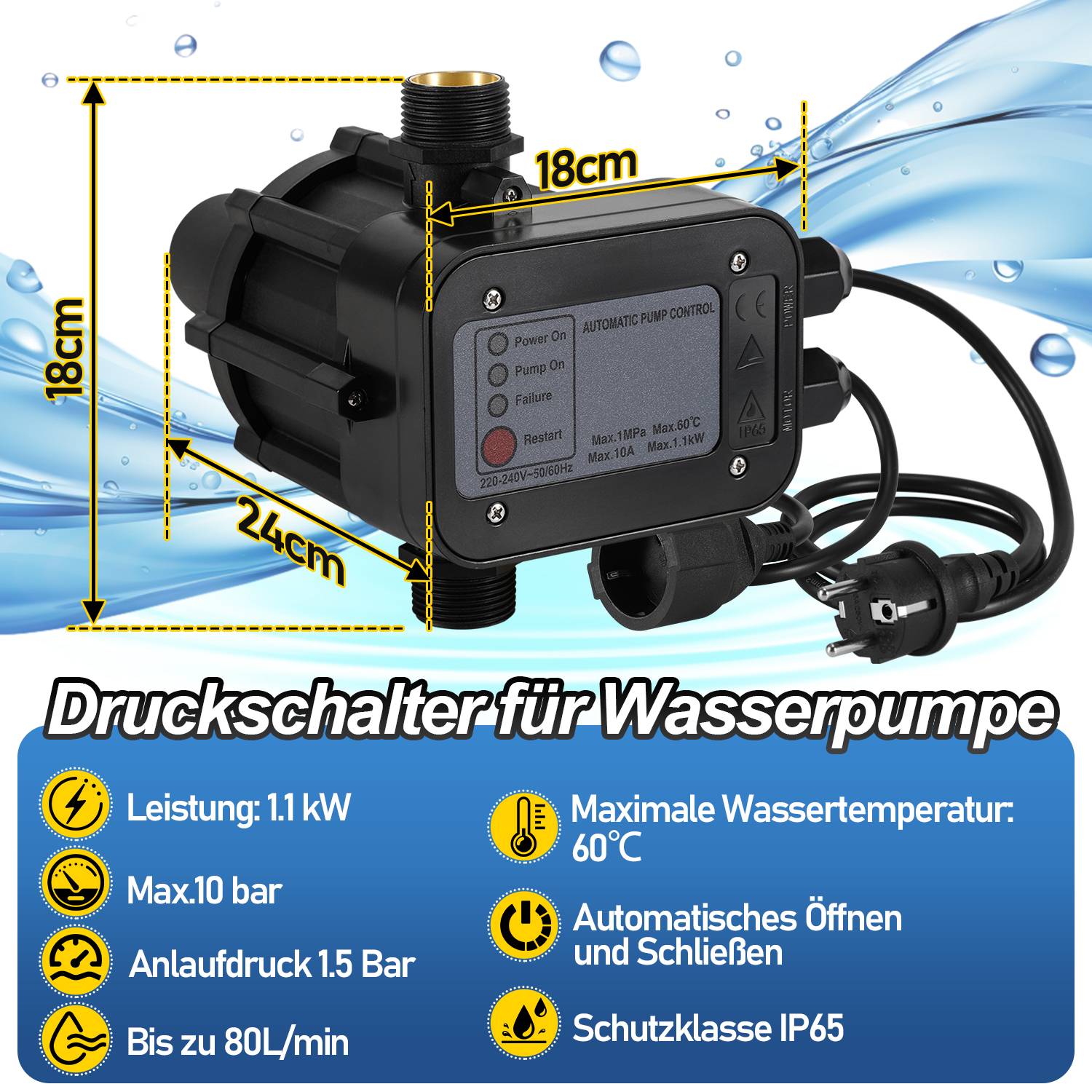 Pumpensteuerung Druckregler Presscontrol Watertech Druckwächter bis 1.1kw schwarz mit kabel