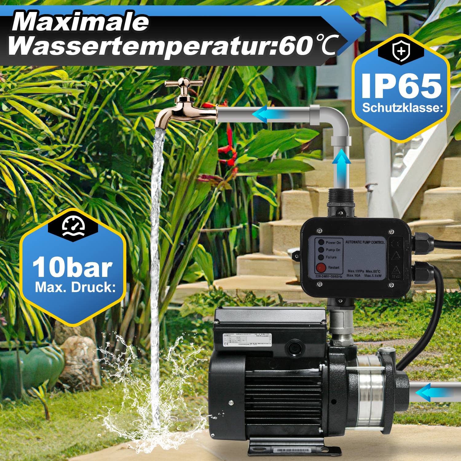 Pumpensteuerung Druckregler Presscontrol Watertech Druckwächter bis 1.1kw schwarz mit kabel