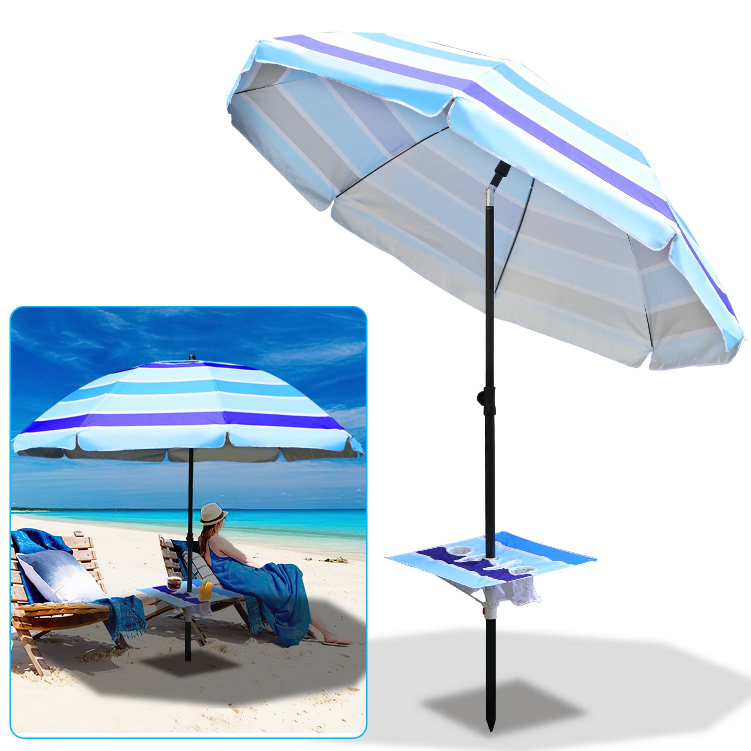 Gestreifter Sonnenschirm Sonnenschutz UV-Schutz UPF 50+ 210cm aus Stahl mit Kippfunktion höhenverstellbar Strandschirm Balkonschirm Gartenschirm