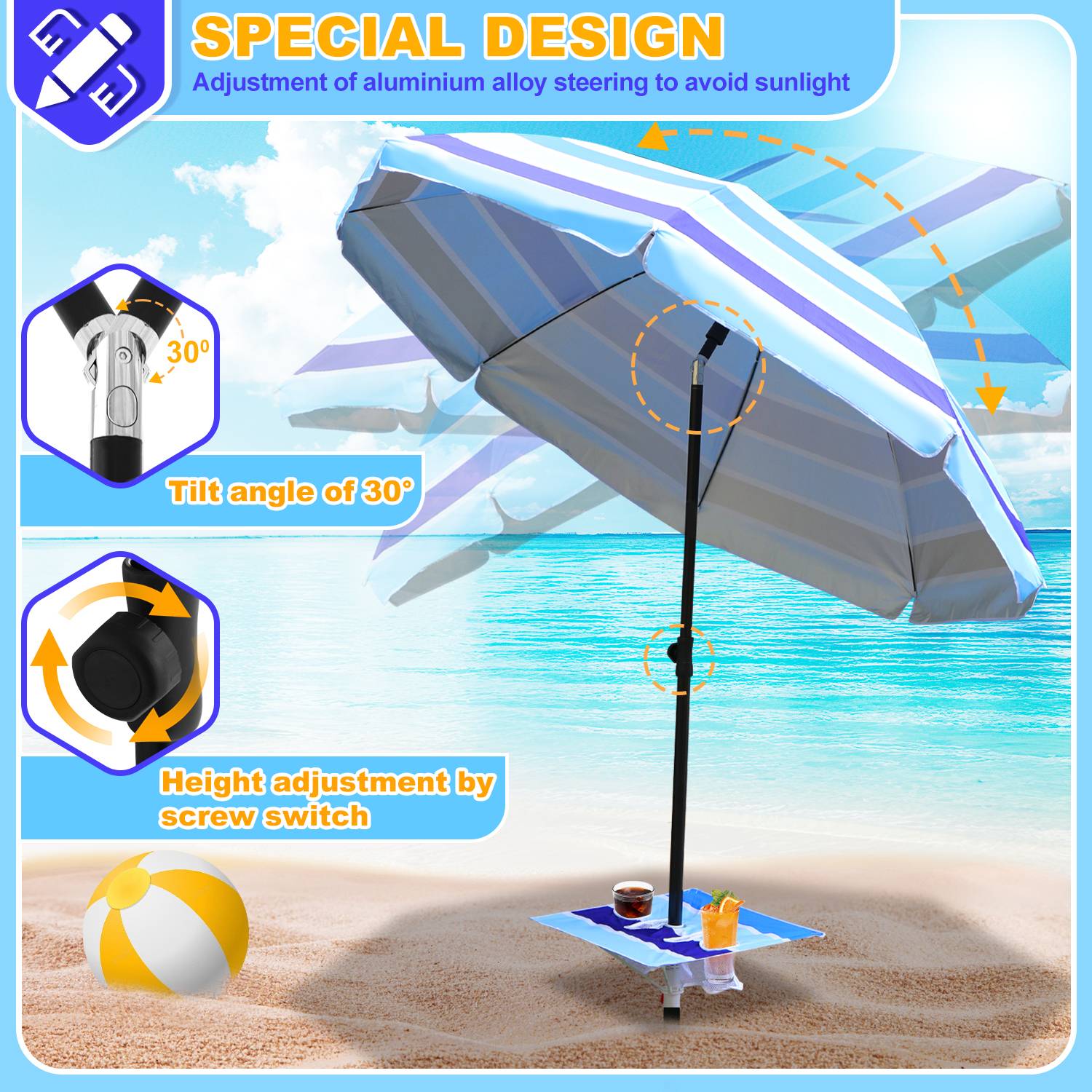 Gestreifter Sonnenschirm Sonnenschutz UV-Schutz UPF 50+ 210cm aus Stahl mit Kippfunktion höhenverstellbar Strandschirm Balkonschirm Gartenschirm