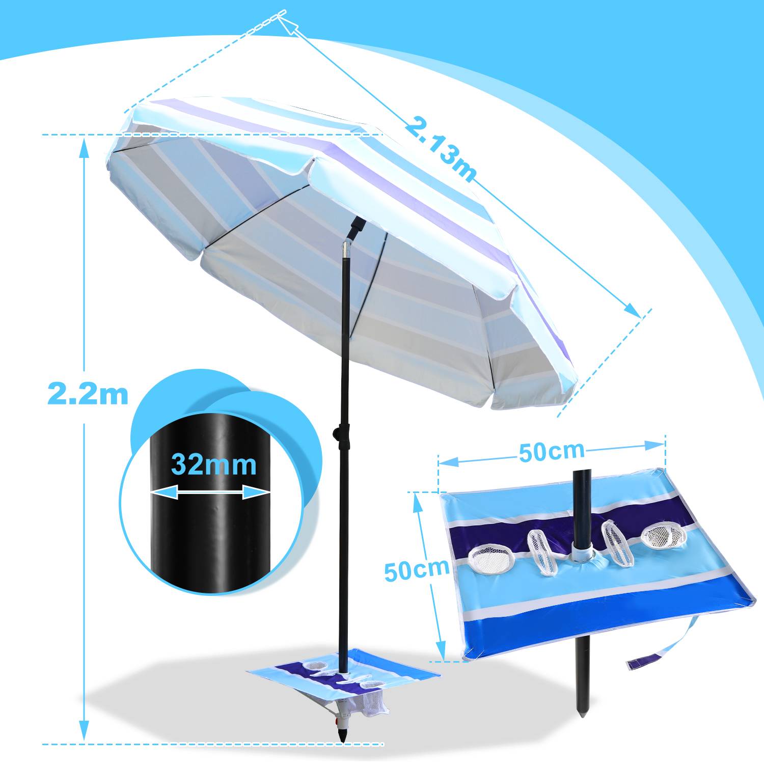 Gestreifter Sonnenschirm Sonnenschutz UV-Schutz UPF 50+ 210cm aus Stahl mit Kippfunktion höhenverstellbar Strandschirm Balkonschirm Gartenschirm