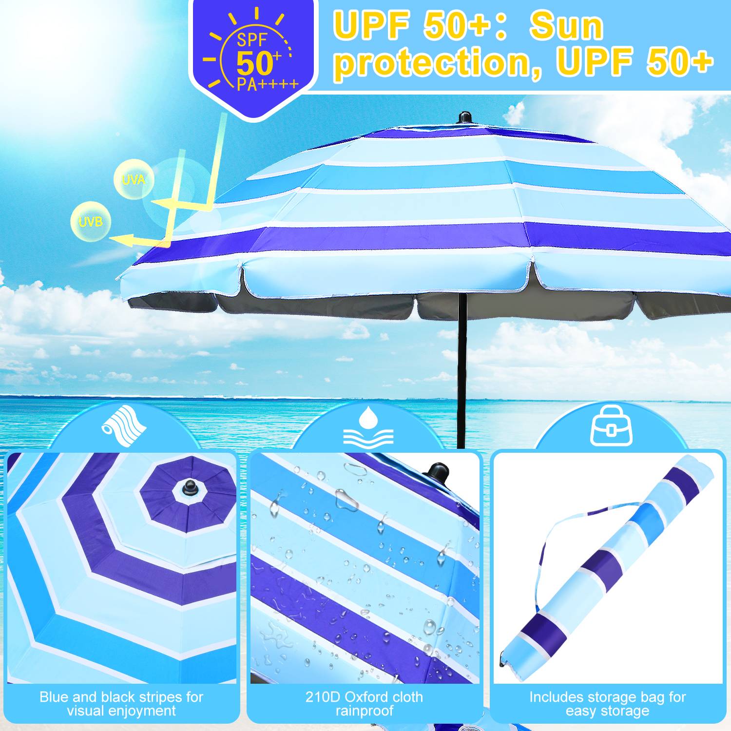 Gestreifter Sonnenschirm Sonnenschutz UV-Schutz UPF 50+ 210cm aus Stahl mit Kippfunktion höhenverstellbar Strandschirm Balkonschirm Gartenschirm