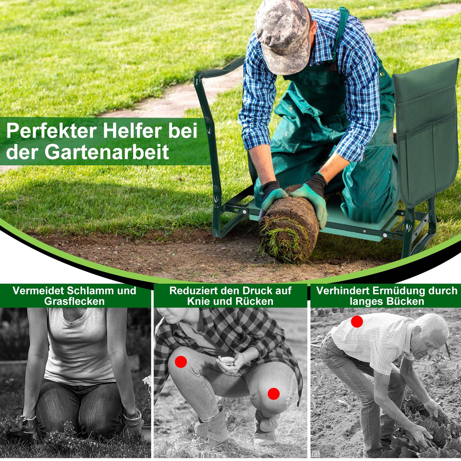 Kniebank für Gartenarbeit, Kniekissen Garten, klappbar Gartenhocker bis 150 kg, 2 in 1 Eva-Schaumkissen