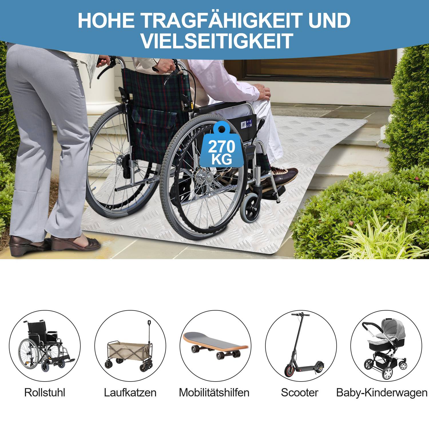 Türschwellenrampe aus Aluminium 80 cm Länge, Rollstuhlrampe Schwellenbrücke Tragbare, Brückenrampe Tragfähigkeit 270 kg mit Griffe