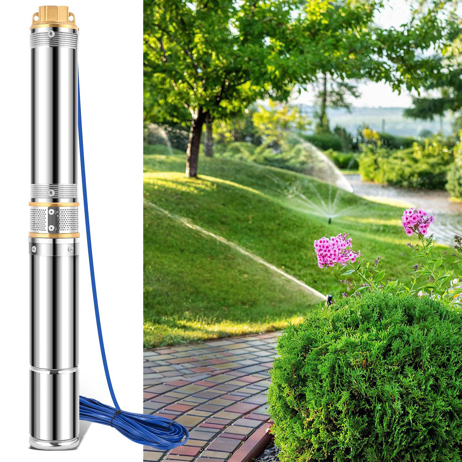 4.5 Zoll 750W Tiefbrunnenpumpe Brunnenpumpe 4000L/h Wasserpumpe Edelstahl Gartenpumpe Tauchpumpe Pumpe bis zu 67 m Förderhöhe 20m Kabel