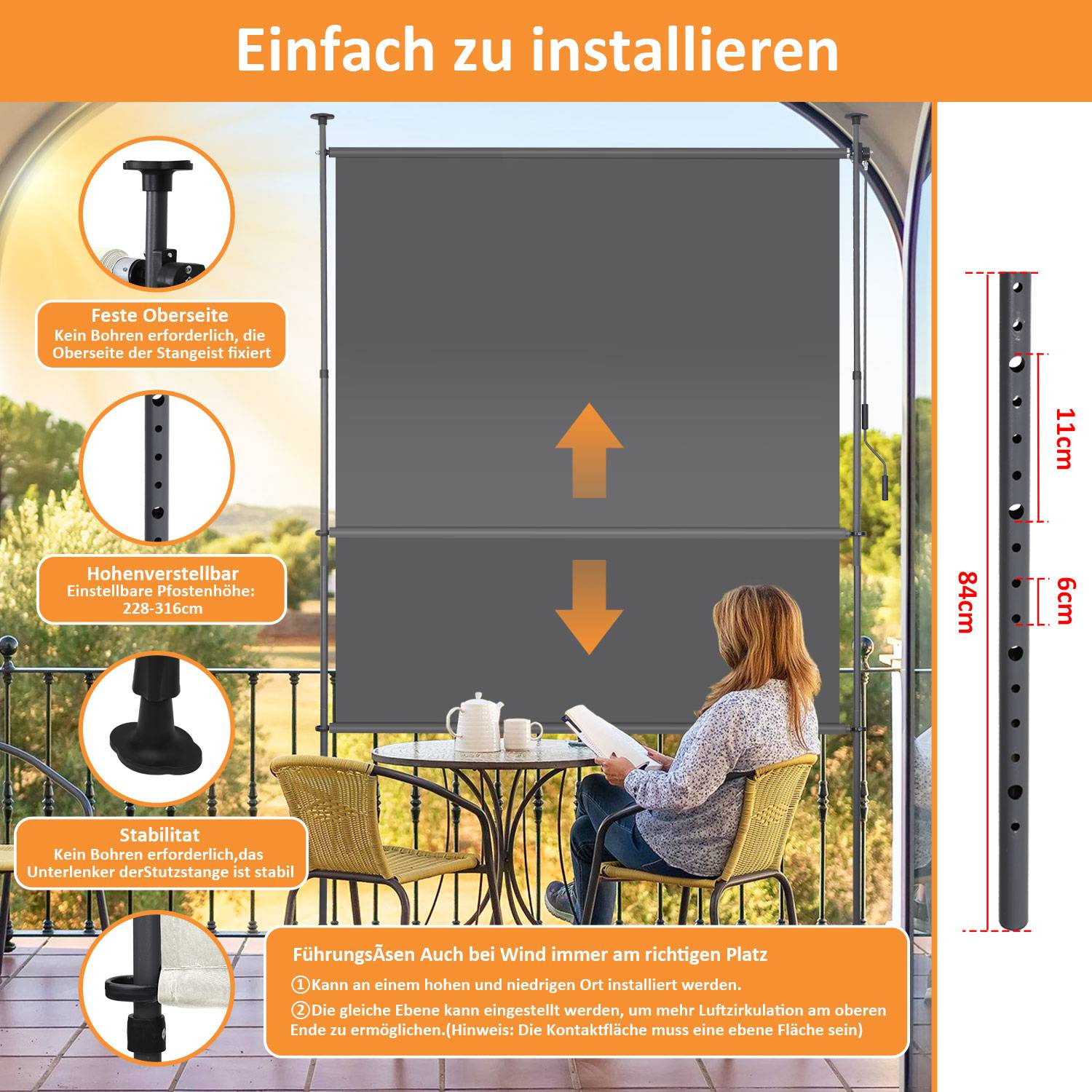 Senkrechtmarkise Außenrollo 120 x 270 cm Balkonrollo mit Handkurbel Sichtschutz Vertikalmarkise ohne Bohren Sonnenschutz Windschutz Anthrazit