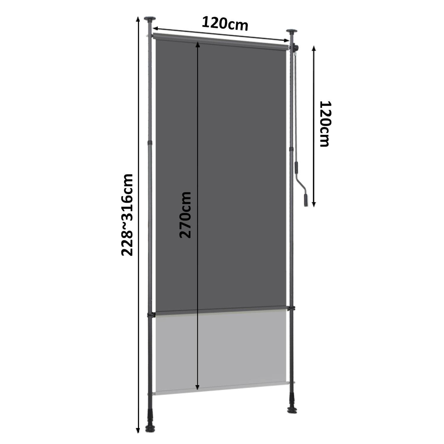 Senkrechtmarkise Außenrollo 120 x 270 cm Balkonrollo mit Handkurbel Sichtschutz Vertikalmarkise ohne Bohren Sonnenschutz Windschutz Anthrazit
