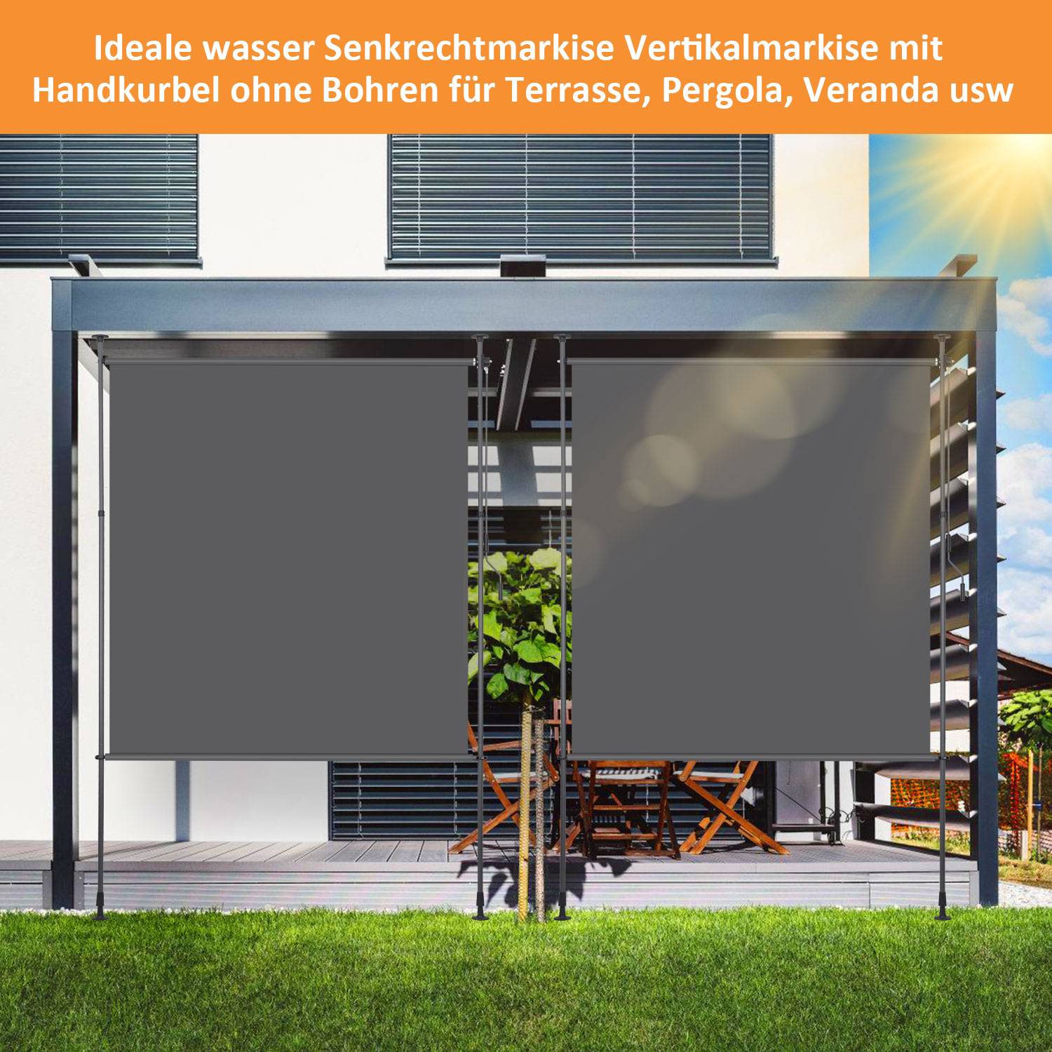 Senkrechtmarkise Außenrollo 120 x 270 cm Balkonrollo mit Handkurbel Sichtschutz Vertikalmarkise ohne Bohren Sonnenschutz Windschutz Anthrazit