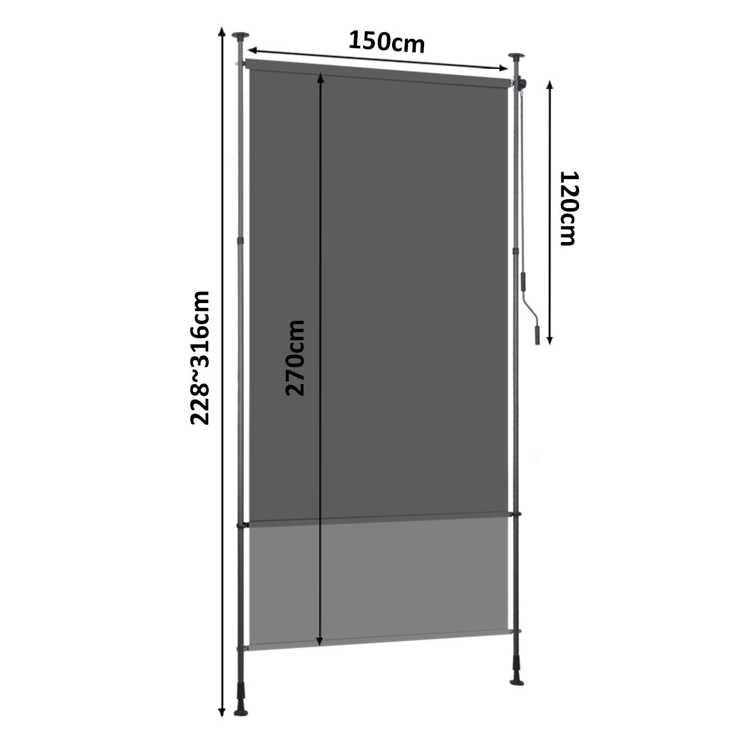 Senkrechtmarkise Außenrollo 150 x 270 cm Balkonrollo mit Handkurbel Sichtschutz Vertikalmarkise ohne Bohren Sonnenschutz Windschutz Anthrazit