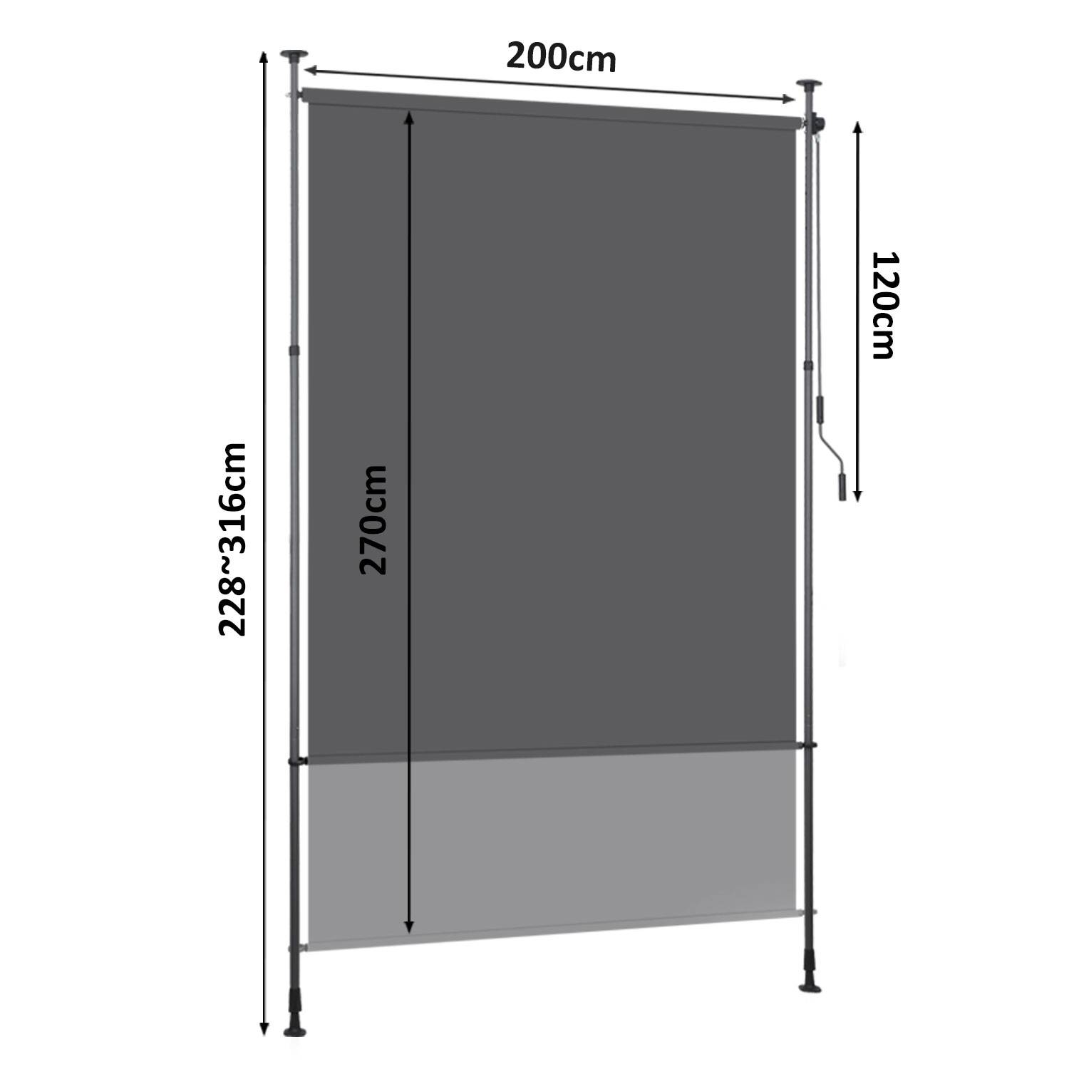 Senkrechtmarkise Außenrollo 200 x 270 cm Balkonrollo mit Handkurbel Sichtschutz Vertikalmarkise ohne Bohren Sonnenschutz Windschutz Anthrazit