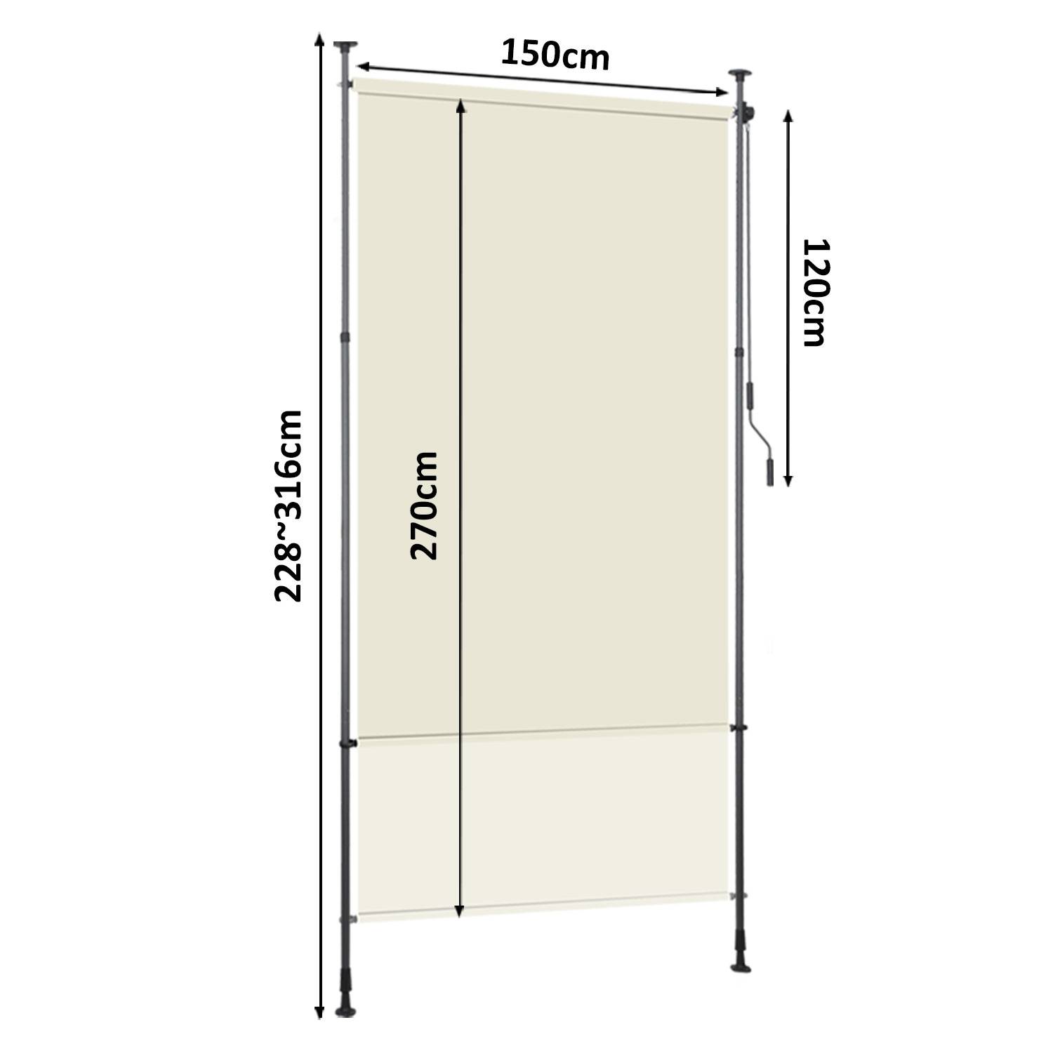Senkrechtmarkise Außenrollo 150 x 270 cm Balkonrollo mit Handkurbel Sichtschutz Vertikalmarkise ohne Bohren Sonnenschutz Windschutz Creme