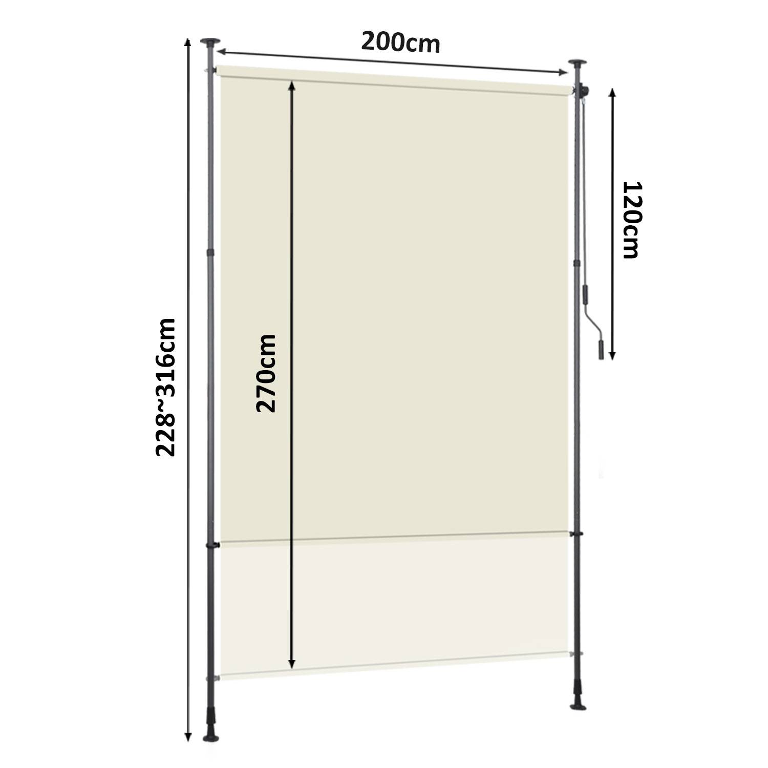 Senkrechtmarkise Außenrollo 200 x 270 cm Balkonrollo mit Handkurbel Sichtschutz Vertikalmarkise ohne Bohren Sonnenschutz Windschutz Creme