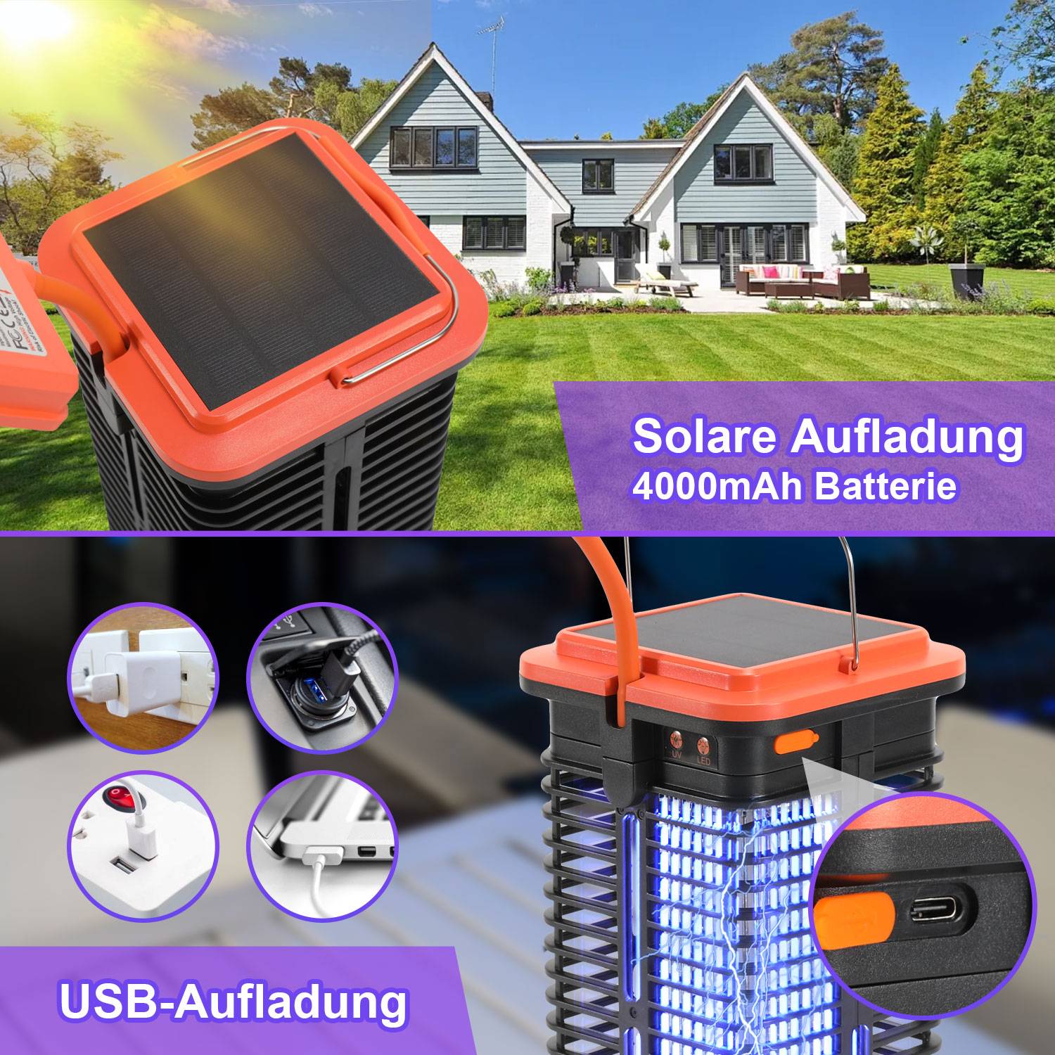 3W Elektrischer Insektenvernichter Solar UV Licht Mückenlampe Mit LED-Licht Insektenfalle Insektenlampe Mückenvernichter Fliegenfalle Moskito