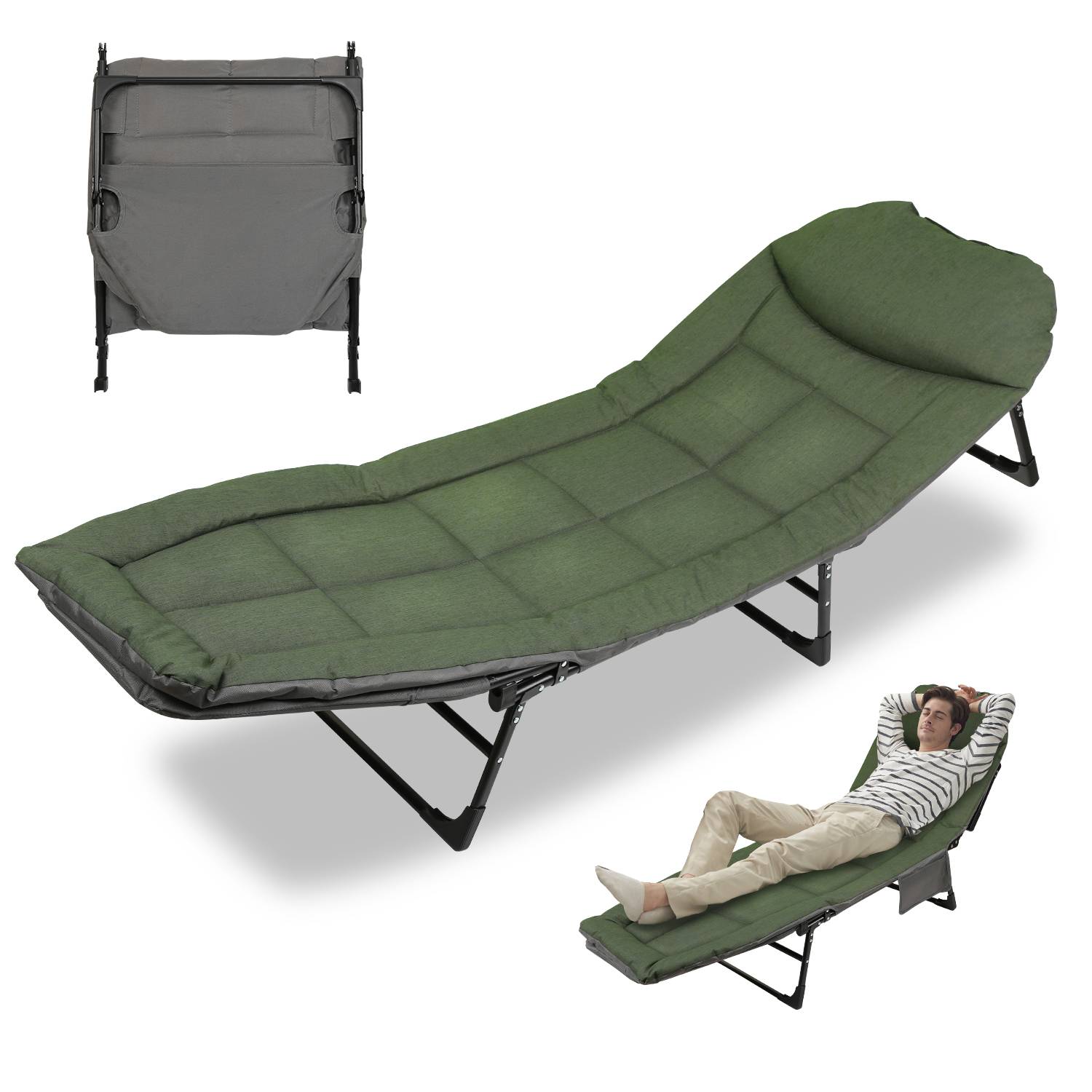 Karpfenliege 195x65x32cm stabile Angelliege mit Verstellbaren Klappbar bis 150kg belastbar Stahlrohr dunkelgrün