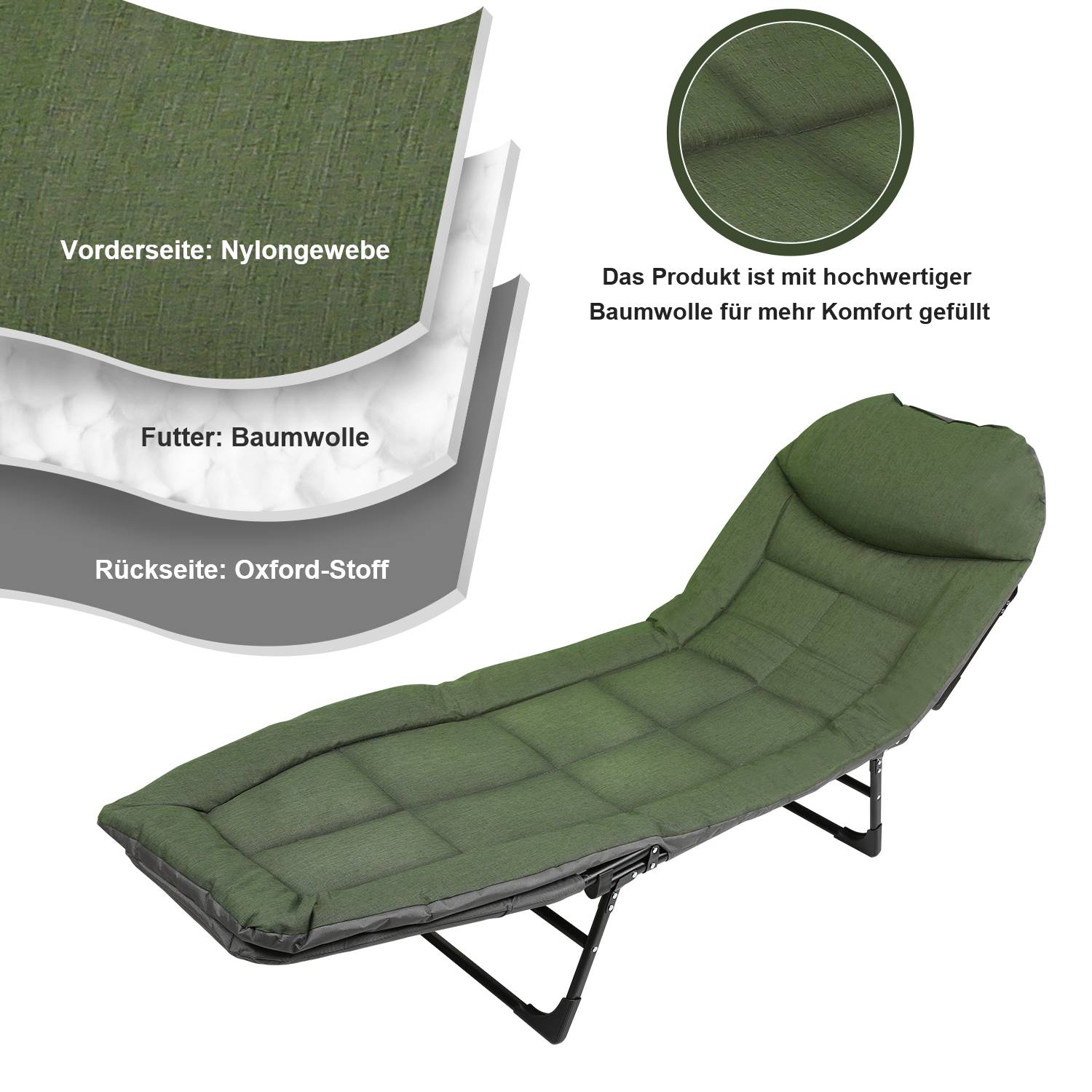Karpfenliege 195x65x32cm stabile Angelliege mit Verstellbaren Klappbar bis 150kg belastbar Stahlrohr dunkelgrün