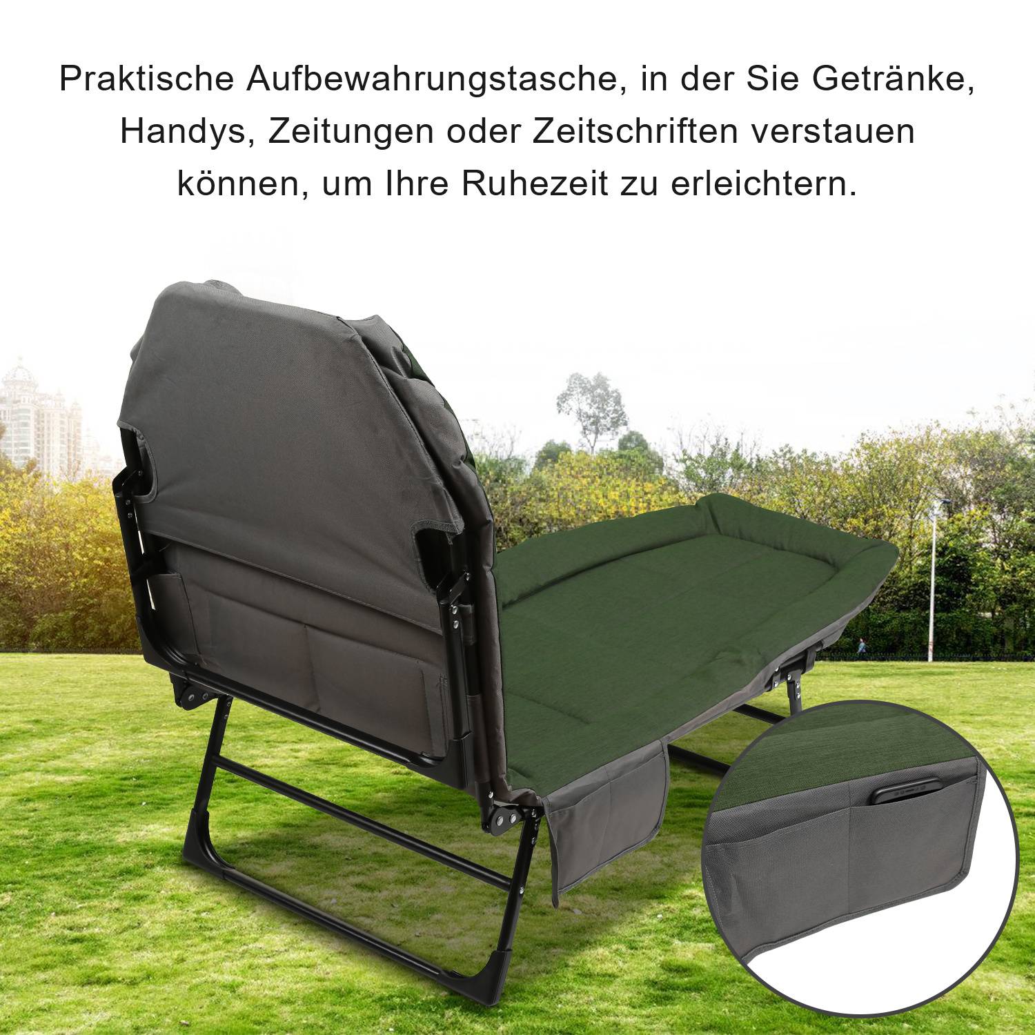 Karpfenliege 195x65x32cm stabile Angelliege mit Verstellbaren Klappbar bis 150kg belastbar Stahlrohr dunkelgrün
