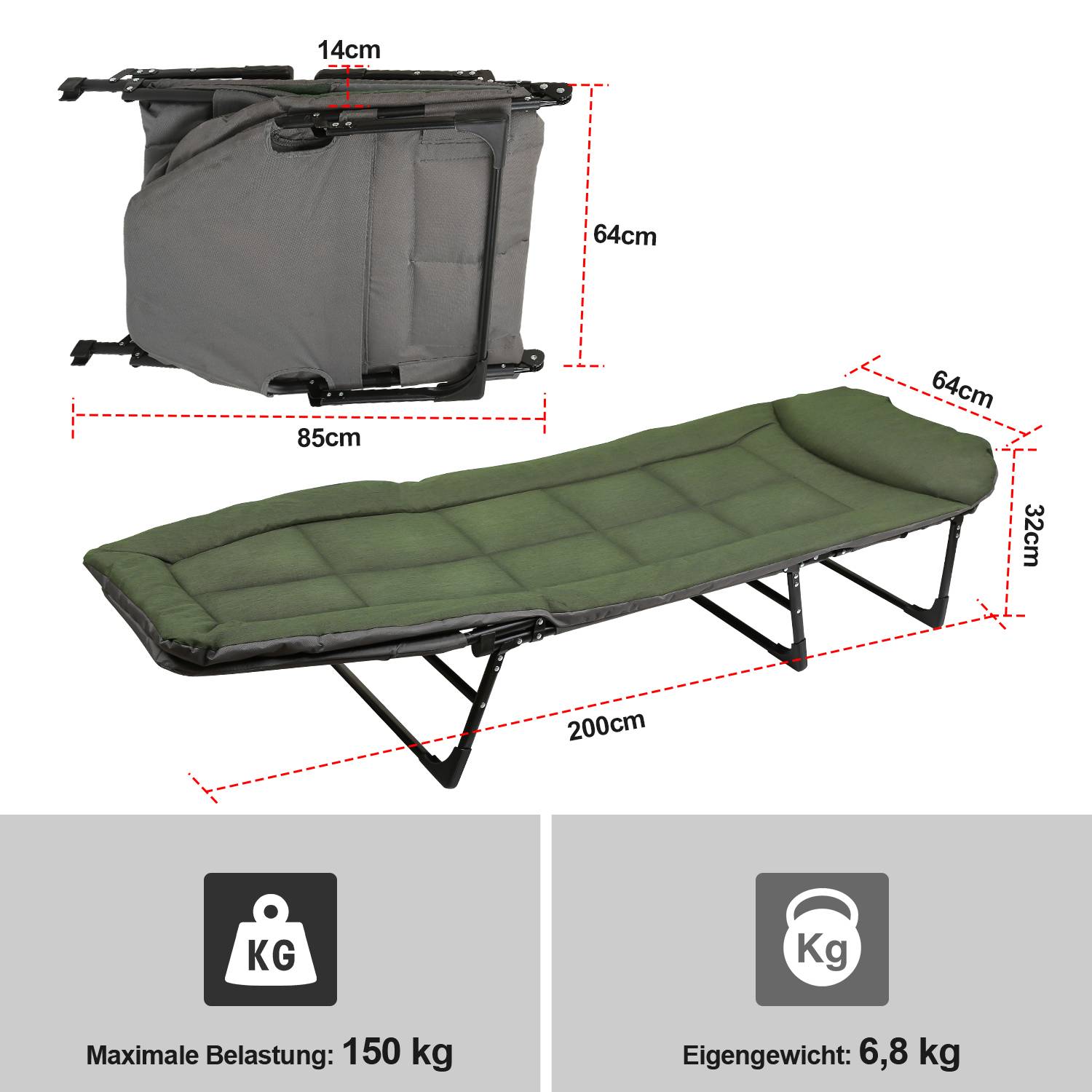 Karpfenliege faltbar Bedchair Komfortable Campingliege 195x65x32cm Maximale Tragfähigkeit 150kg dunkelgrün