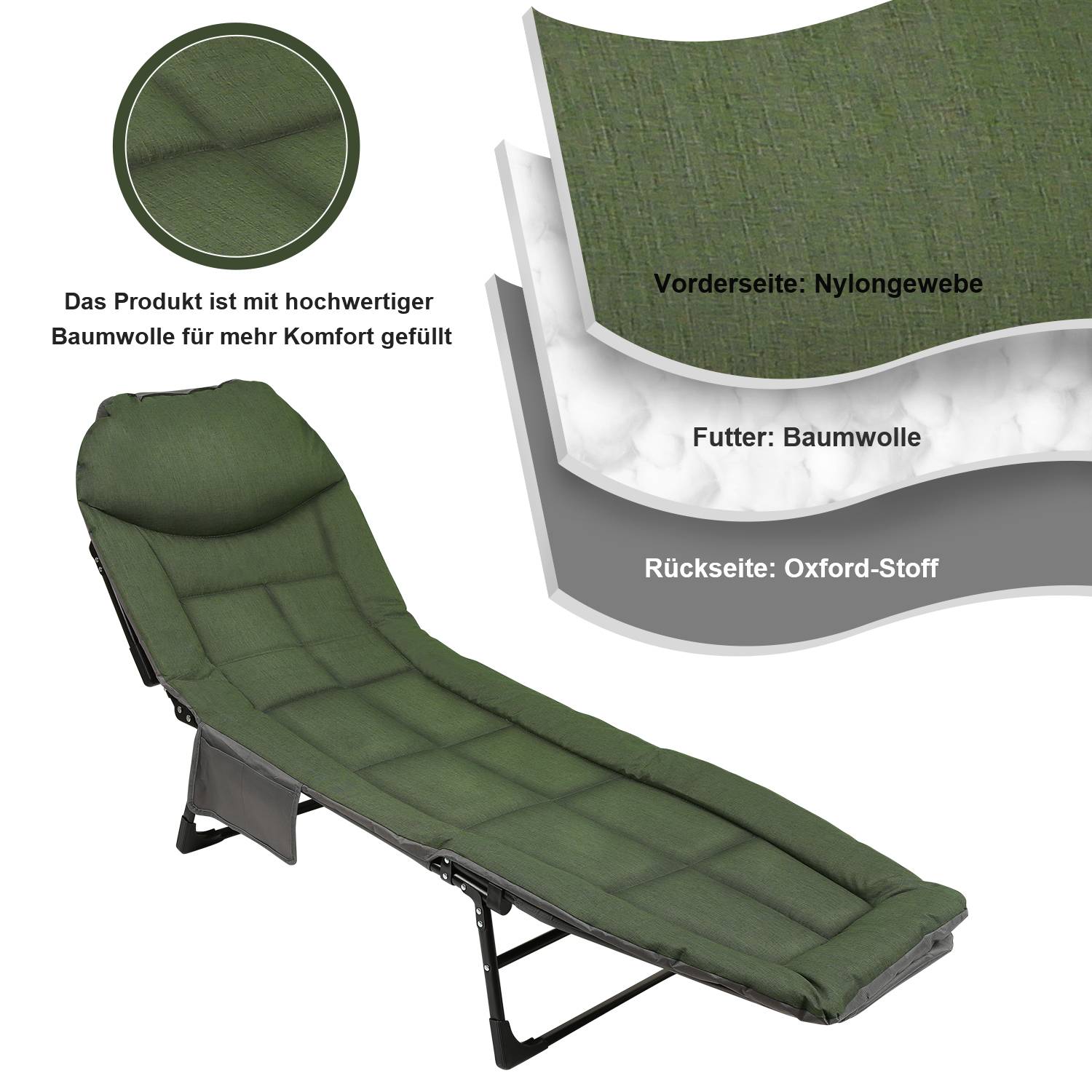 Karpfenliege faltbar Bedchair Komfortable Campingliege 195x65x32cm Maximale Tragfähigkeit 150kg dunkelgrün