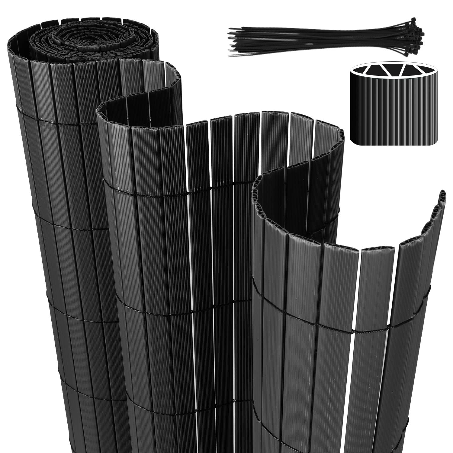 PVC Sichtschutzmatte W-Struktur Verstärkung Innen, Balkon Sichtschutz mit Kabelbindern, Sichtschutzzaun Windschutz Wasserdicht ohne Bohren, Grau 0,9