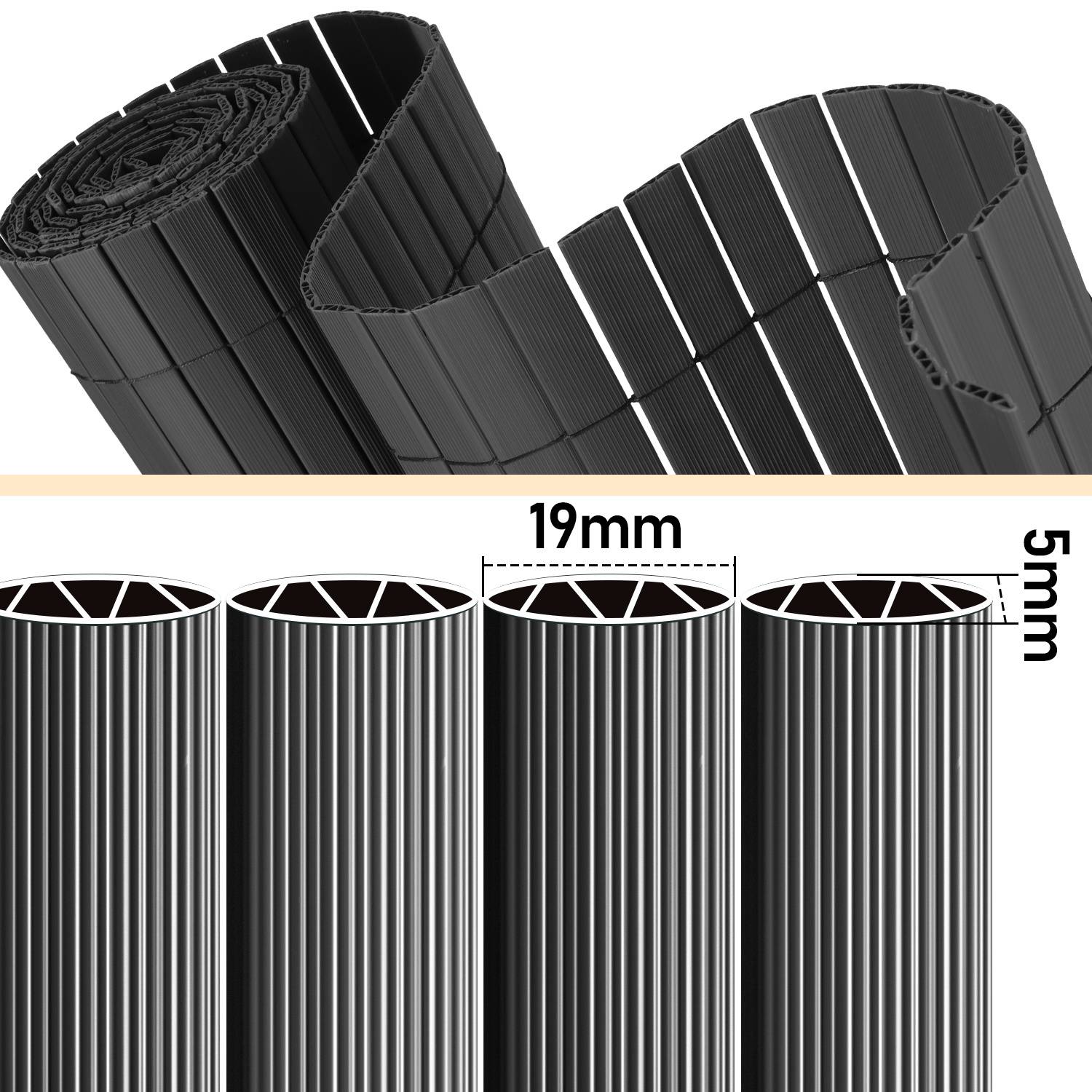 Schwarze Kunststoff-Sichtschutzlamellen, aufgerollt und aufrecht dargestellt, mit Größenetikett „19 mm" Breite und „5 mm"" Dicke.