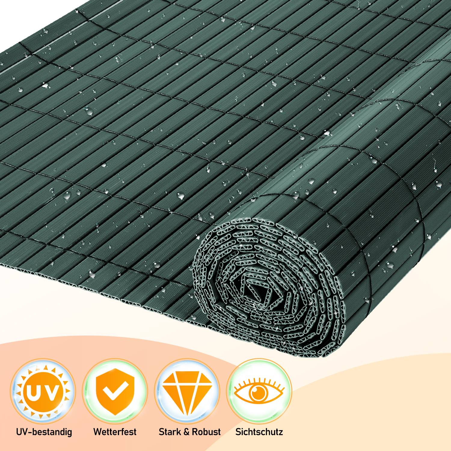 PVC Sichtschutzmatte W-Struktur Verstärkung Innen, Balkon Sichtschutz mit Kabelbindern, Sichtschutzzaun Windschutz Wasserdicht ohne Bohren, Grün 1,4