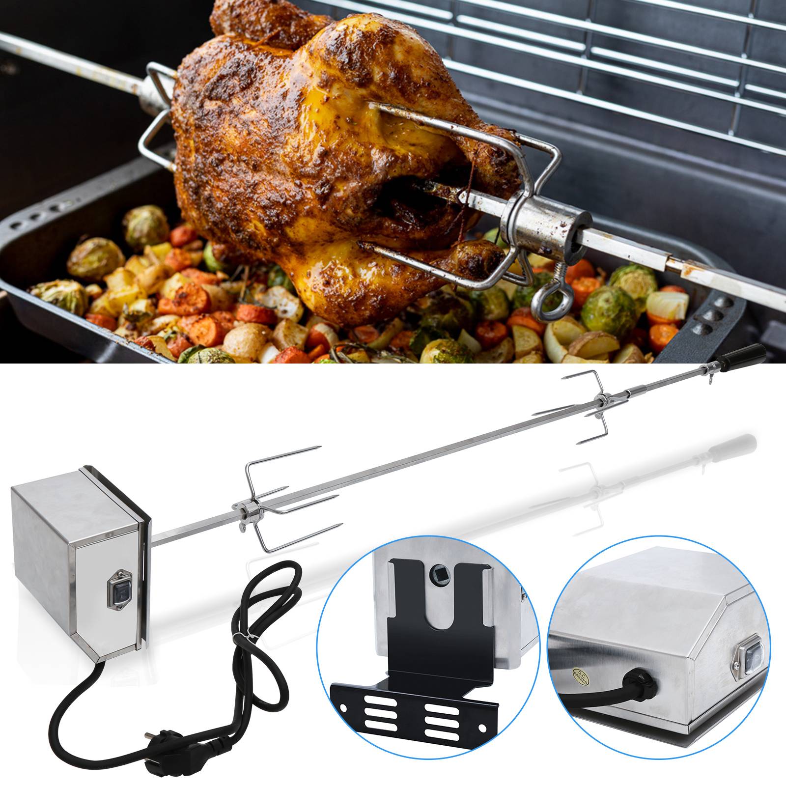 Edelstahl Grillspieß Set 107cm BBQ Fleischklammer mit Motor inkl. 2X Fleischnadeln, Elektrischer Drehspieß, 220V - 240V, Rotisserie, Drehspiess
