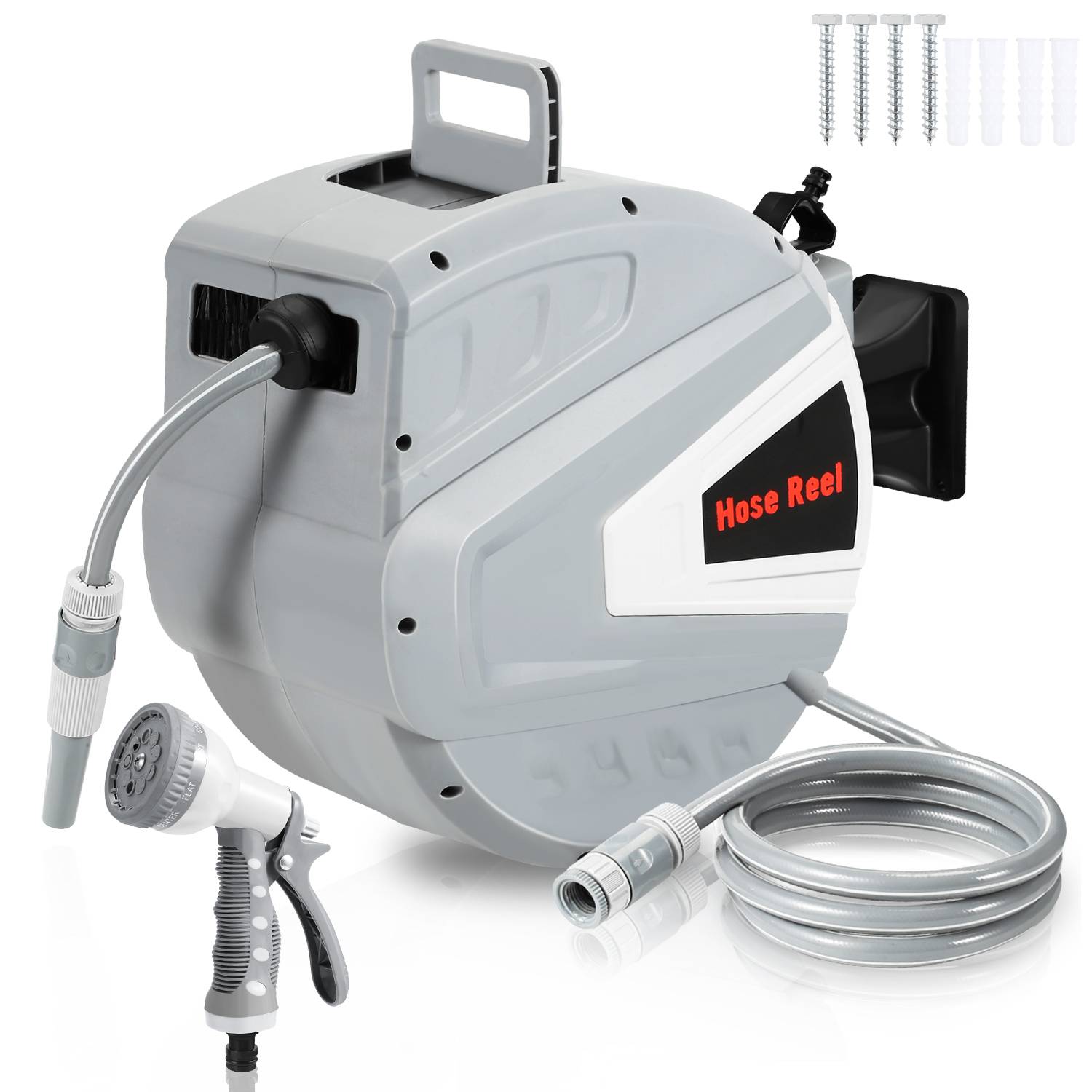 Schwenkbare Schlauchtrommel, Gartenschlauchaufroller 20 m, Schlauchaufroller, Wand-Schlauchbox mit Arretierstop, Inkl. Wandhalterung, grau