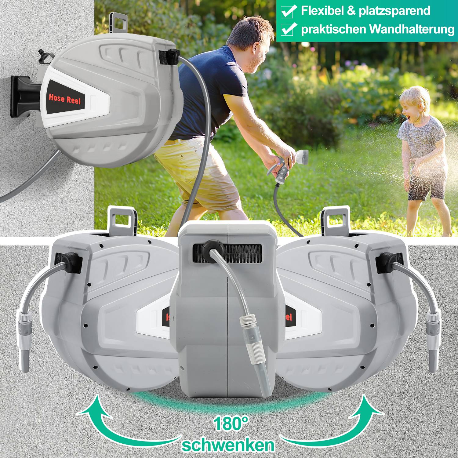Schlauchtrommel mit 30 m Wasserschlauch und Multifunktionsbrause - Schlauchaufroller mit Wandhalterung, Düse – Grau