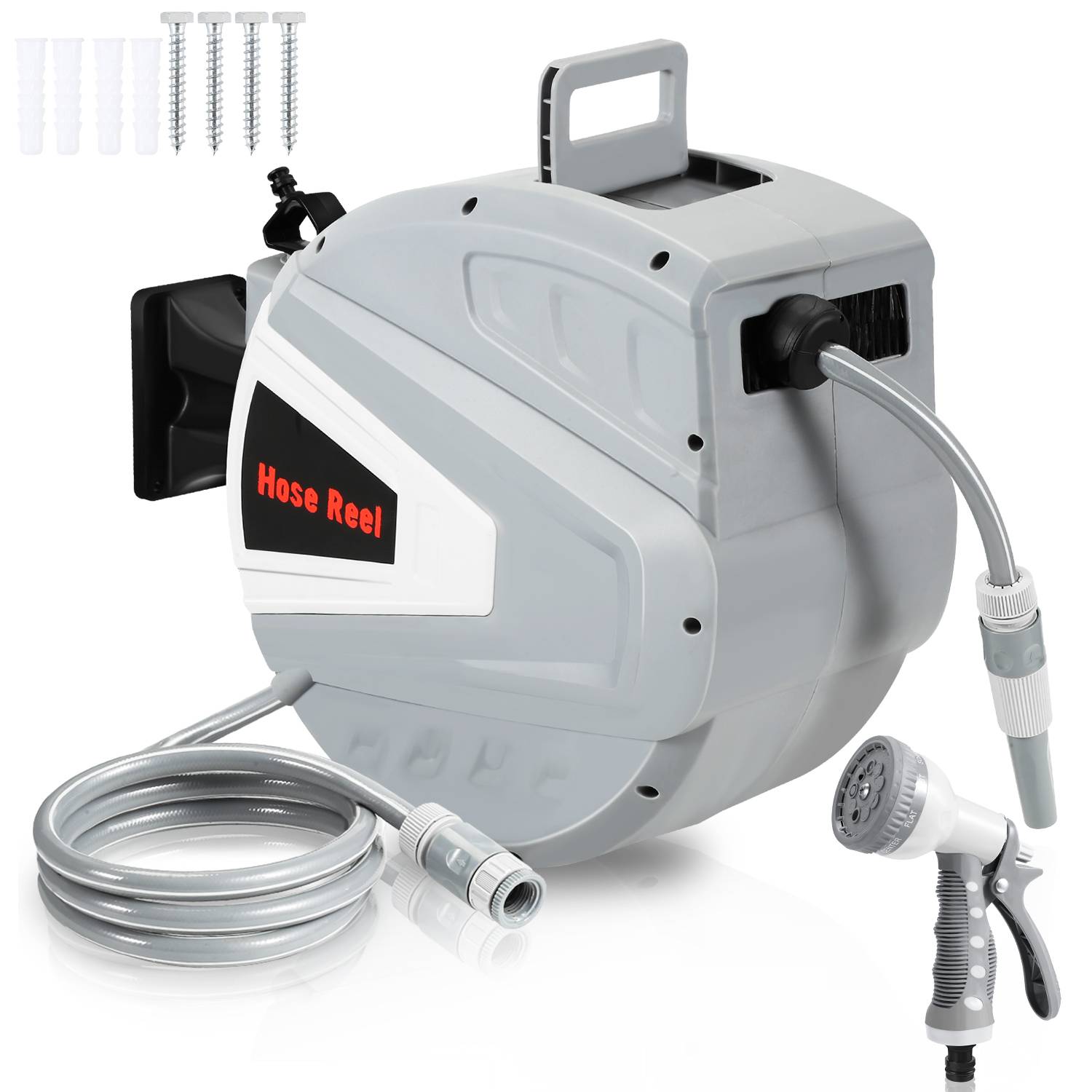Schwenkbare Schlauchtrommel, Gartenschlauchaufroller 30 m, Schlauchaufroller, Wand-Schlauchbox mit Arretierstop, Inkl. Wandhalterung, grau