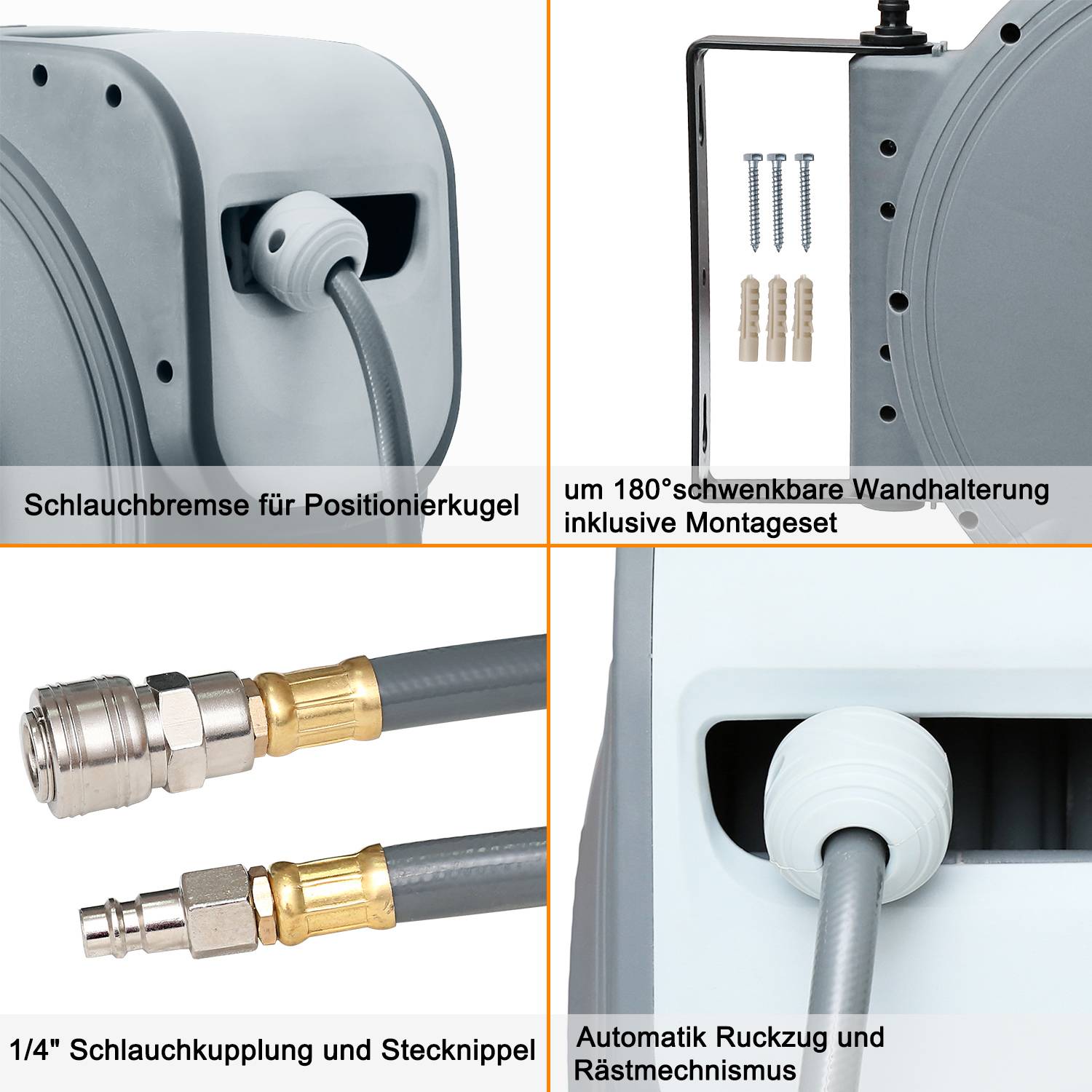 Schlauchtrommel 30 m, Druckluftschlauch Aufroller, Schlauch Aufroller, Kompressor-Zubehör, Wandhalterung, 1/4 Zoll Schnellkupplung, 180° Schwenkbar