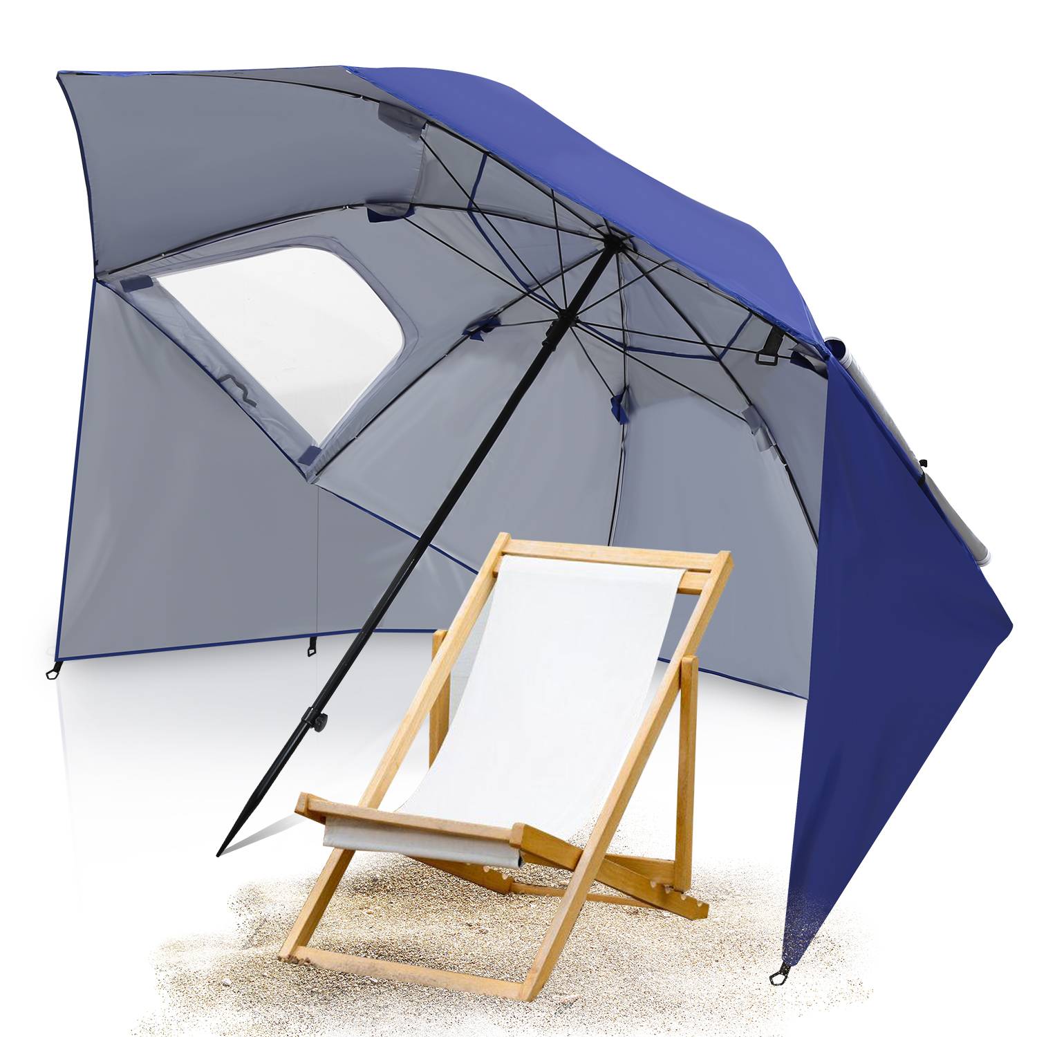 Strandschirm Sonnenschirm 210cm UV Schutz 50+ Neigbar mit Erdspieß Tragetasche Wasserabweisend Strand Garten Balkonschirm Gartenschirm Blau