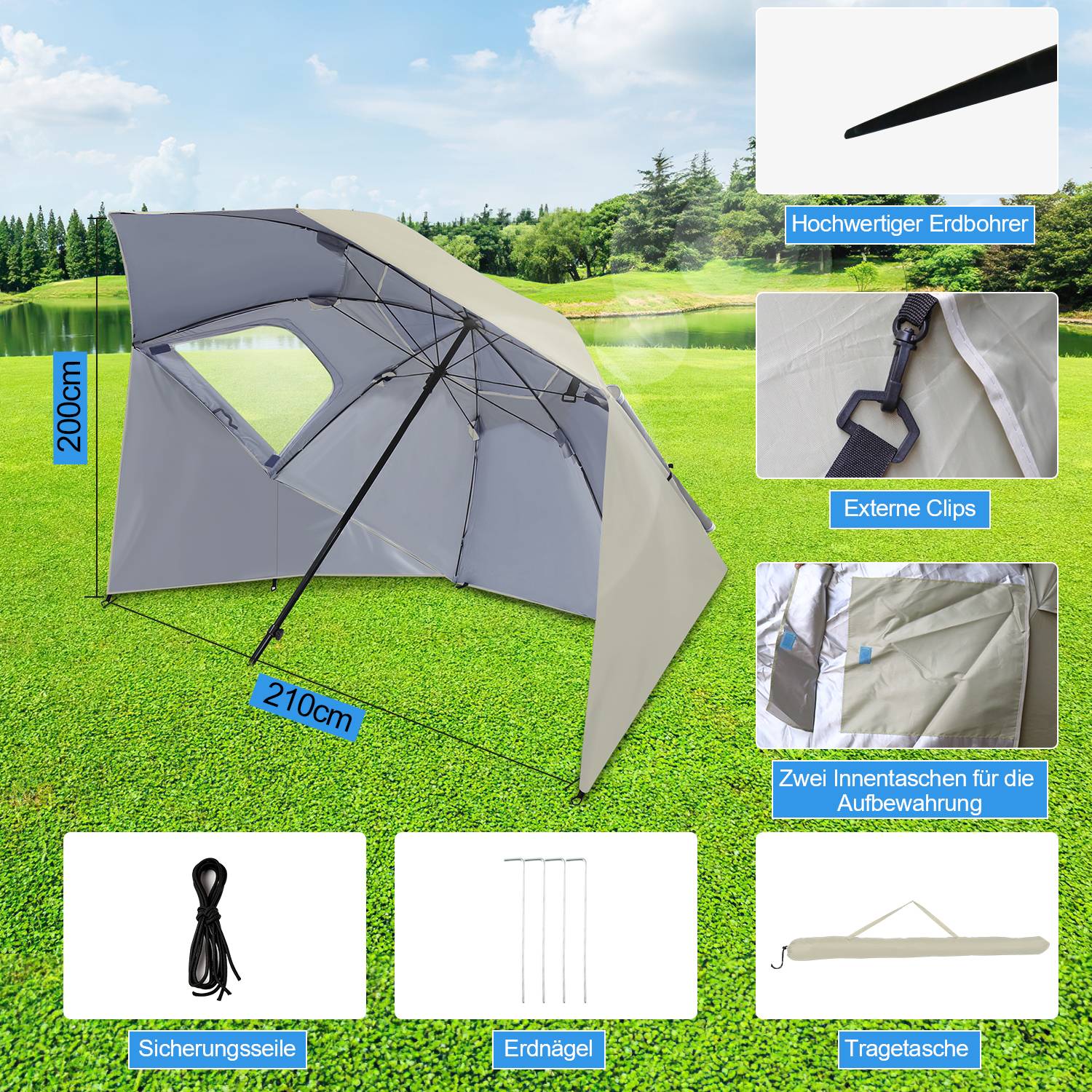 Strandschirm Sonnenschirm 210cm UV Schutz 50+ Neigbar mit Erdspieß Tragetasche Wasserabweisend Strand Garten Balkonschirm Gartenschirm Beige