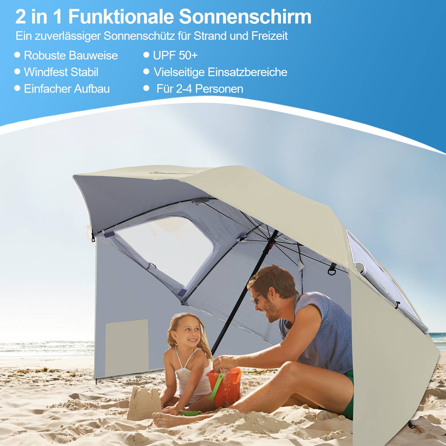Strandschirm Sonnenschirm 210cm UV Schutz 50+ Neigbar mit Erdspieß Tragetasche Wasserabweisend Strand Garten Balkonschirm Gartenschirm Beige