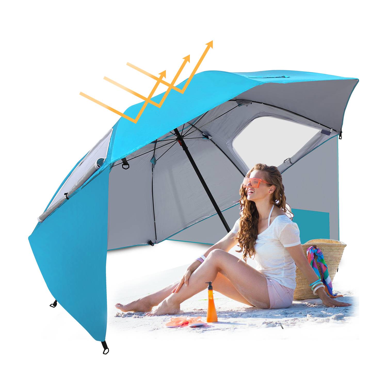 Strandschirm Sonnenschirm 210cm UV Schutz 50+ Neigbar mit Erdspieß Tragetasche Wasserabweisend Strand Garten Balkonschirm Gartenschirm Himmelblau