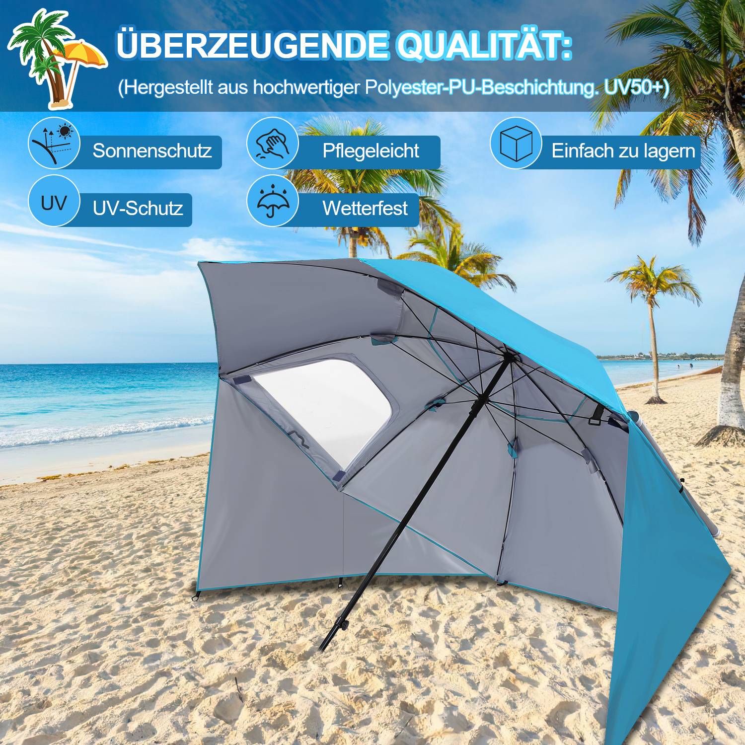 Strandschirm Sonnenschirm 210cm UV Schutz 50+ Neigbar mit Erdspieß Tragetasche Wasserabweisend Strand Garten Balkonschirm Gartenschirm Himmelblau