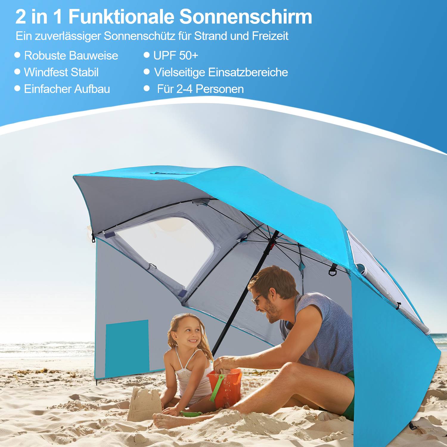 Strandschirm Sonnenschirm 210cm UV Schutz 50+ Neigbar mit Erdspieß Tragetasche Wasserabweisend Strand Garten Balkonschirm Gartenschirm Himmelblau