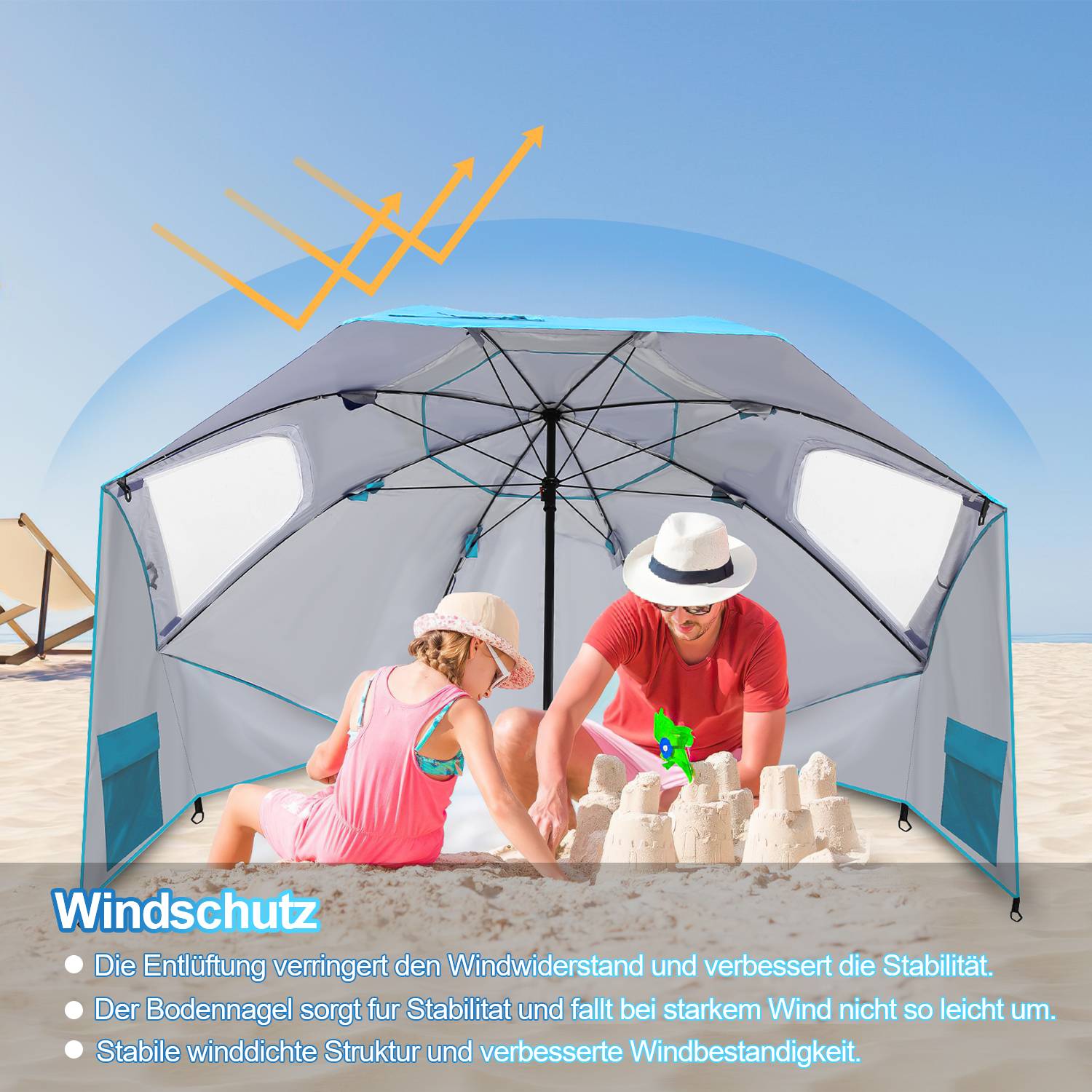 Strandschirm Sonnenschirm 210cm UV Schutz 50+ Neigbar mit Erdspieß Tragetasche Wasserabweisend Strand Garten Balkonschirm Gartenschirm Himmelblau
