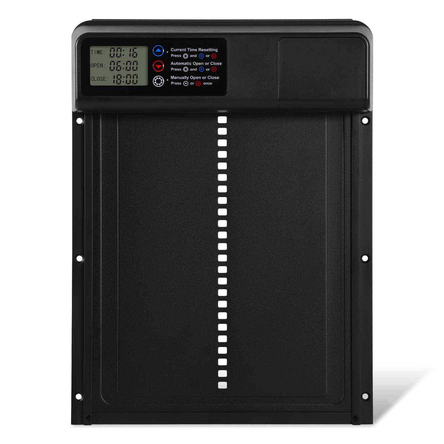 Schwarze programmierbare Haustierklappe mit digitaler Timer-Anzeige und Steuertasten für automatisches Öffnen und Schließen.