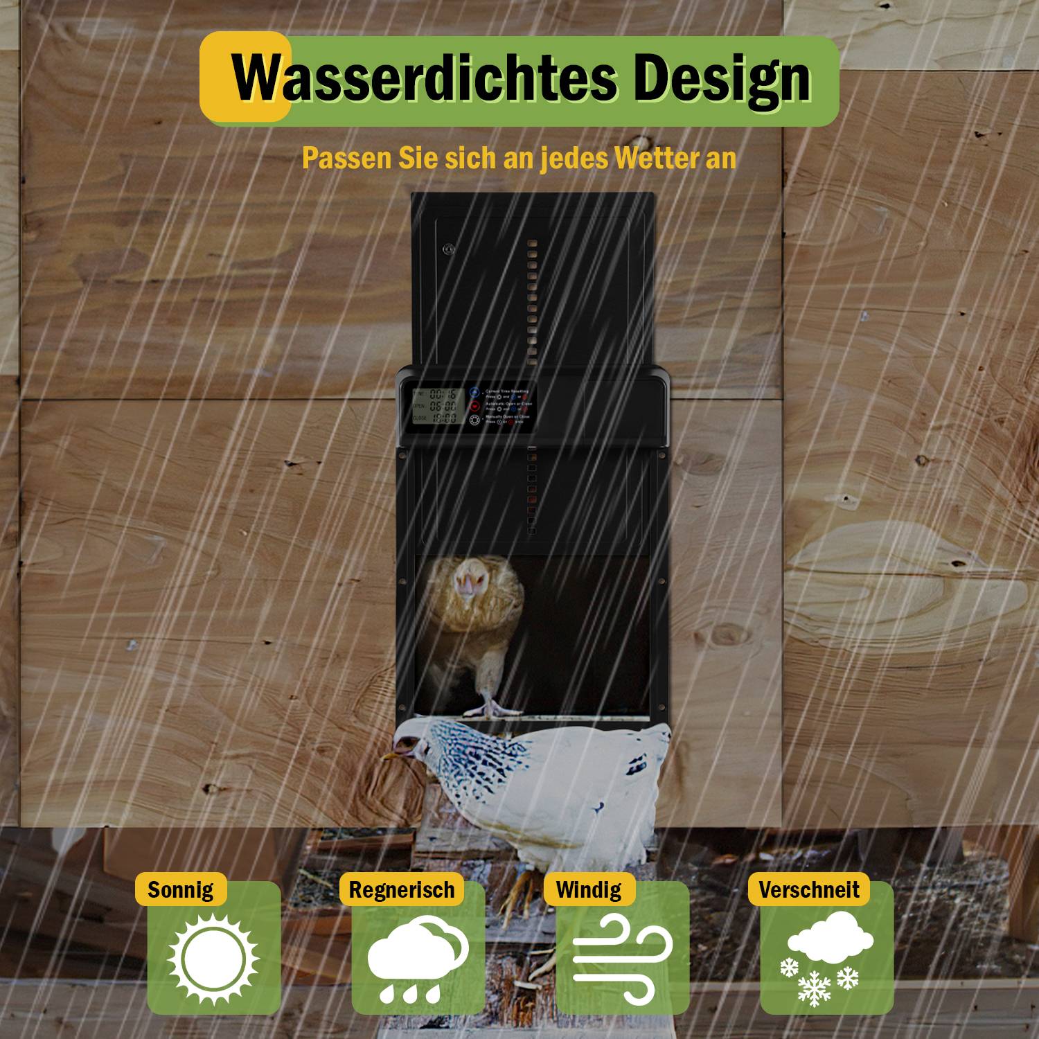 Automatische Hühnerklappe Solar mit Zeit/Handmodus, Aluminiumlegierung automatische Hühnerklappe, elektrische Hühnertür kältetauglich | LCD | IPX